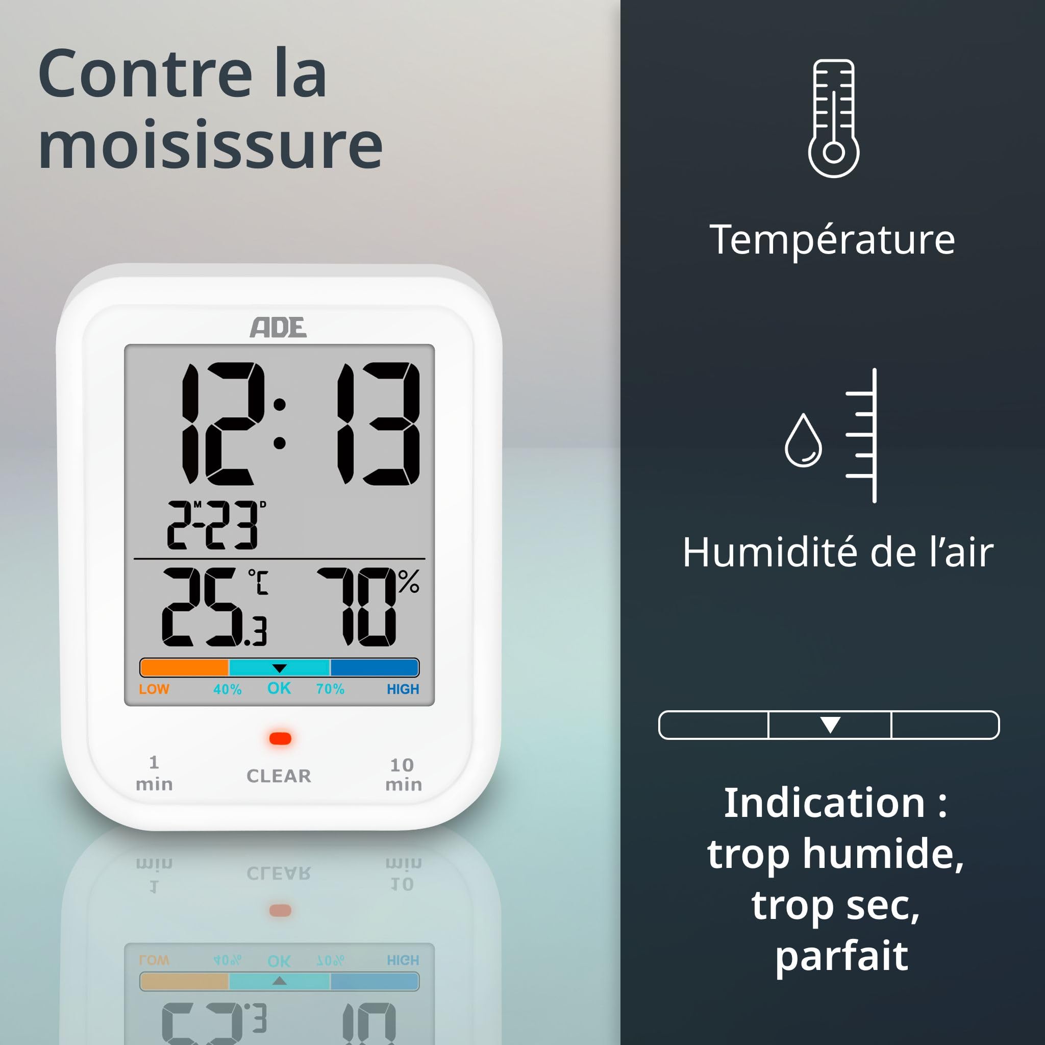 ADE Horloge de Salle de Bain numérique avec hygromètre et thermomètre | minuteur Douche | étanche | thermomètre de Bain | Fonction Compte à rebours | Grand écran LCD | Affichage de la Date