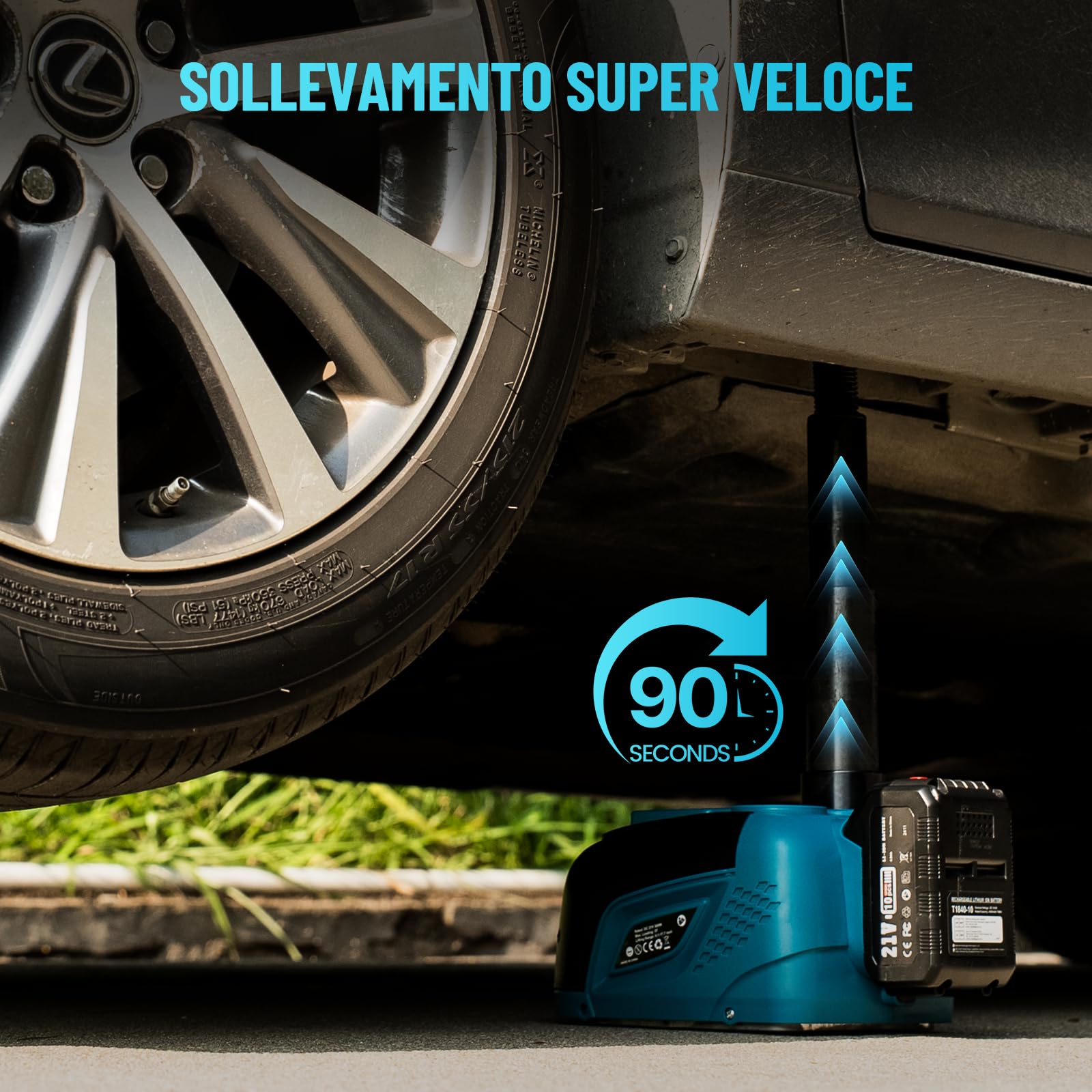 Seesii Cric elettrico 5T 3T con batteria, 21 V, set di cric idraulico con batteria da 4,0 Ah e caricabatterie, kit di sostituzione wireless per auto, SUV, MPV e pickup (altezza di sollevamento 15,5