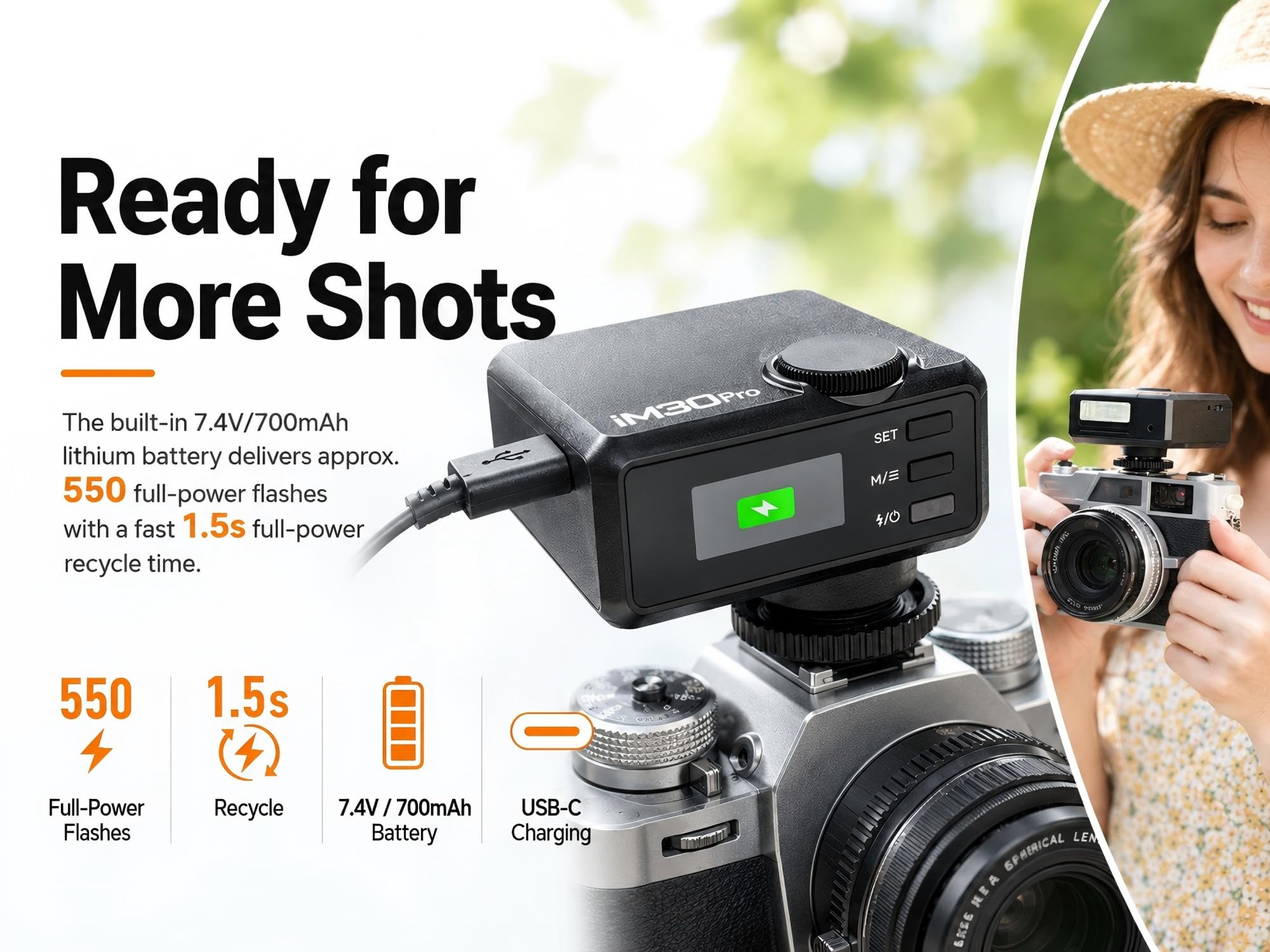 Godox iM30Pro iM30 Pro mini lampa błyskowa do aparatu, lampa błyskowa GN15, tryb auto i M, 550 błysków, ładowanie 1,5 s, USB-C, pojedyncza gorąca stopka do Sony Canon Nikon Fujifilm Olympus Ricoh