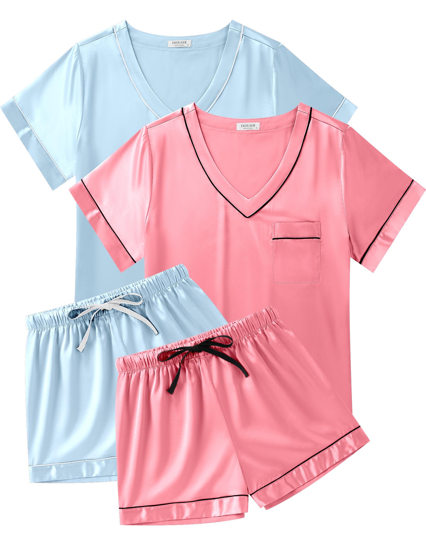 Ekouaer 2 Pack Silk Pajamas for Women Short Sleeve Satin Pj Set Soft V neck Sleepwear Loungewear, S-XXL