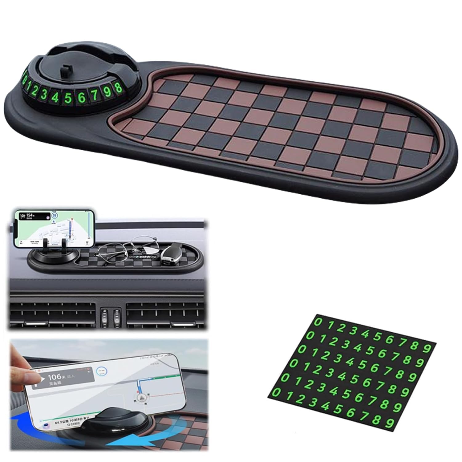 Genérico Multifunction Car Anti-Slip Mat Auto Universal Phone Holder, Rotatable Anti Slip Car Dashboard Pad with Temporary Parking Number, Can Hold Mobile Phones, Keys (B)