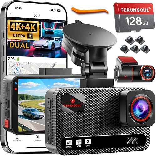 TERUNSOUl Dash Cam Front and Rear, 4K+4K Dash Camera for Cars, Free 128GB Card, WiFi Up to 19MB/s, Starlight Night Vision, G-Sensor, 24H Parking Mode, 2.99" Full-Laminated Screen, Cable Clip