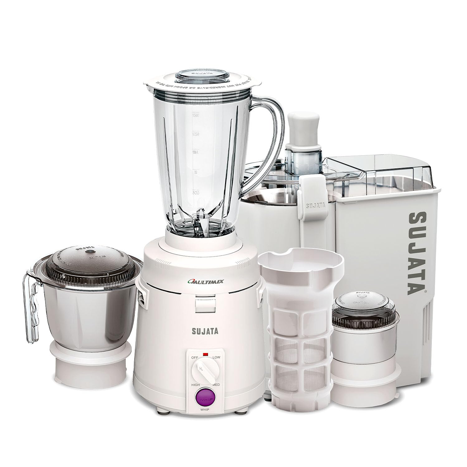 Sujata Multimix Juicer Mixer Grinder|900 Watts Double Ball Bearing Motor|22000 RPM|Non-Stop 90 Mins Running|3 Jars including 1750ml Blender with Coconut Milk Extractor,1000ml, 500ml Jar| (White)