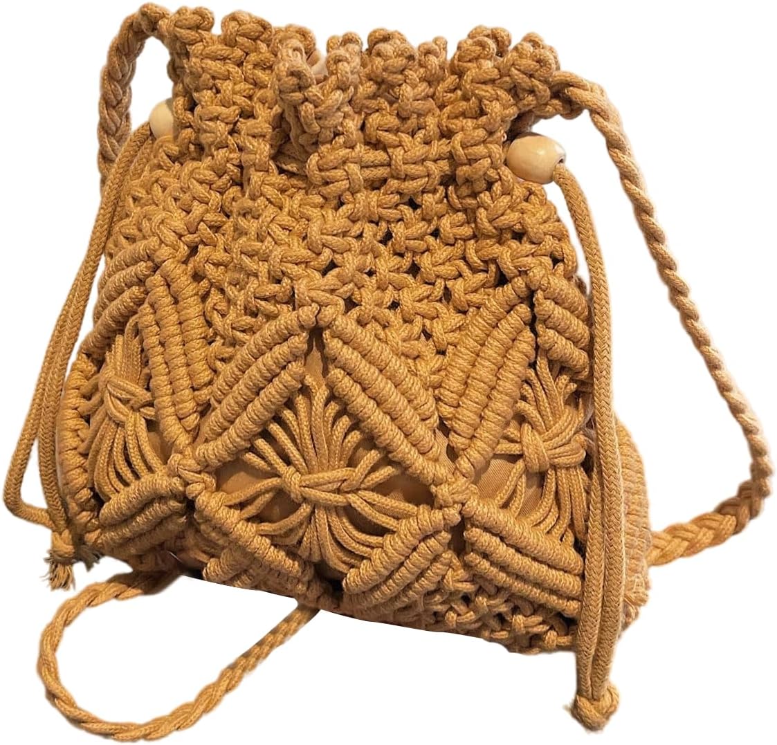 OYOANGLE Women's Braided Bucket Bag Drawstring Crossbody Bags Hollow Out Crochet Shoulder Handbag