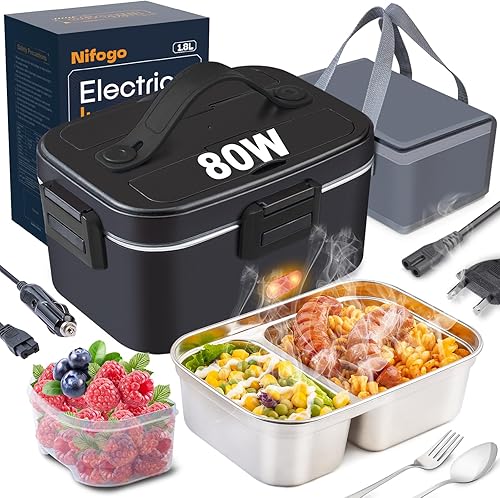 Miniatura 1 de Nifogo Fiambrera eléctrica, calentador de alimentos de 80 W, portátil, para adultos, 3 en 1, calentador de alimentos portátil 110V12V24V, con