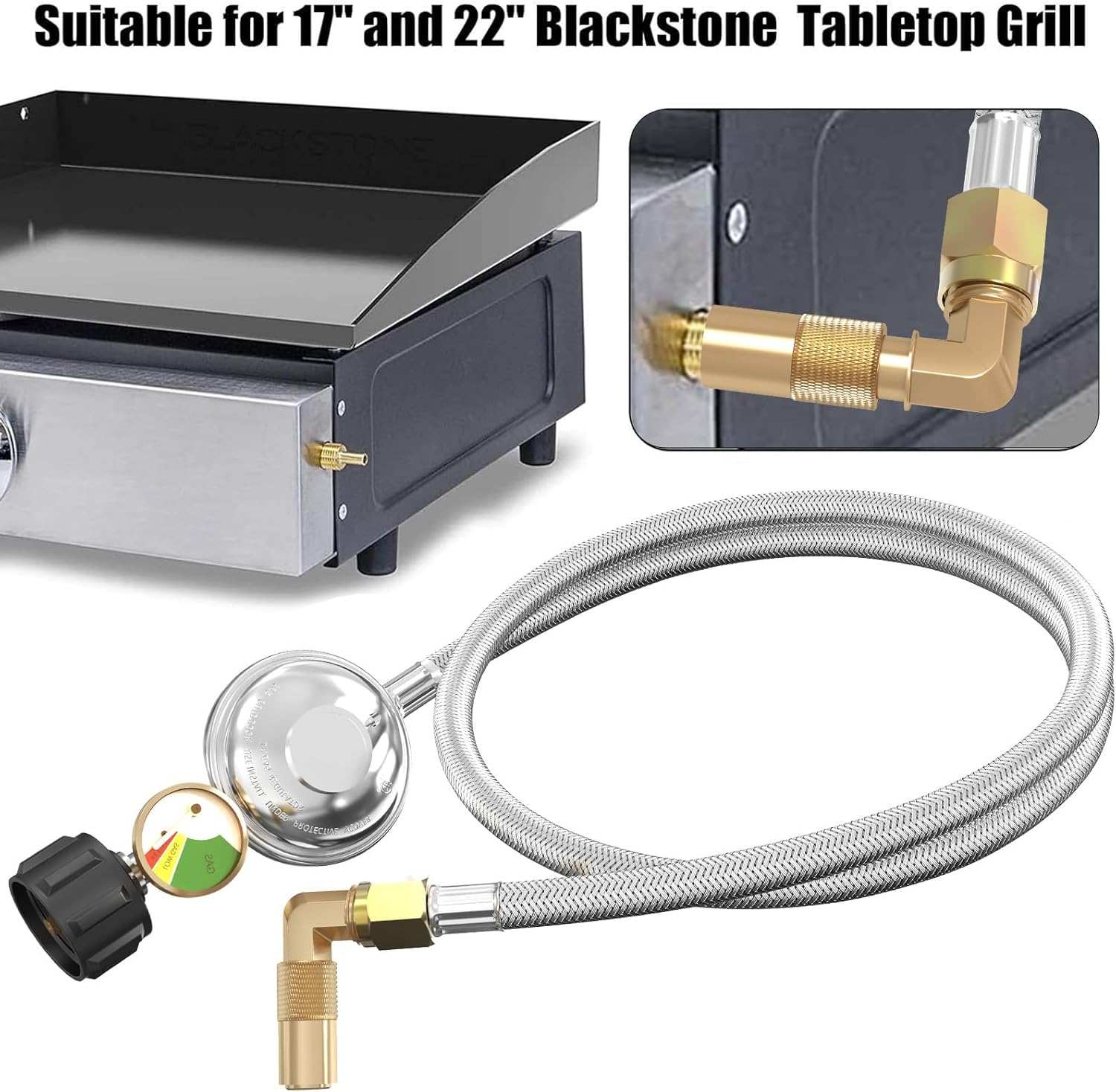 NQN 6 Feet Propane Hose with Regulator, Universal Gas Grill Regulator and Hose with Gauge for Blackstone 28''/36''Griddle,Weber Grill,Propane fire pit and More,3/8" Female Flare for Most LP Gas Grills