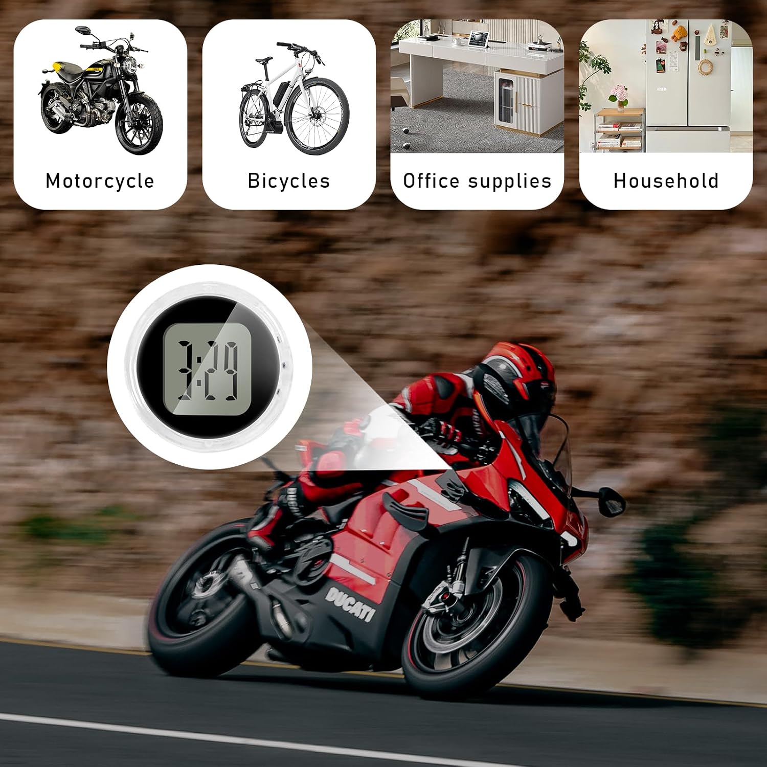 2 PCS Mini Motorcycle Clocks, Waterproof Motorbike Handlebar Digital Clock, 1.1 Inch Stick-On Dashboard Mount Watch, Universal Vehicle Decor Accessories for Motorcycle Car SUV (Black)