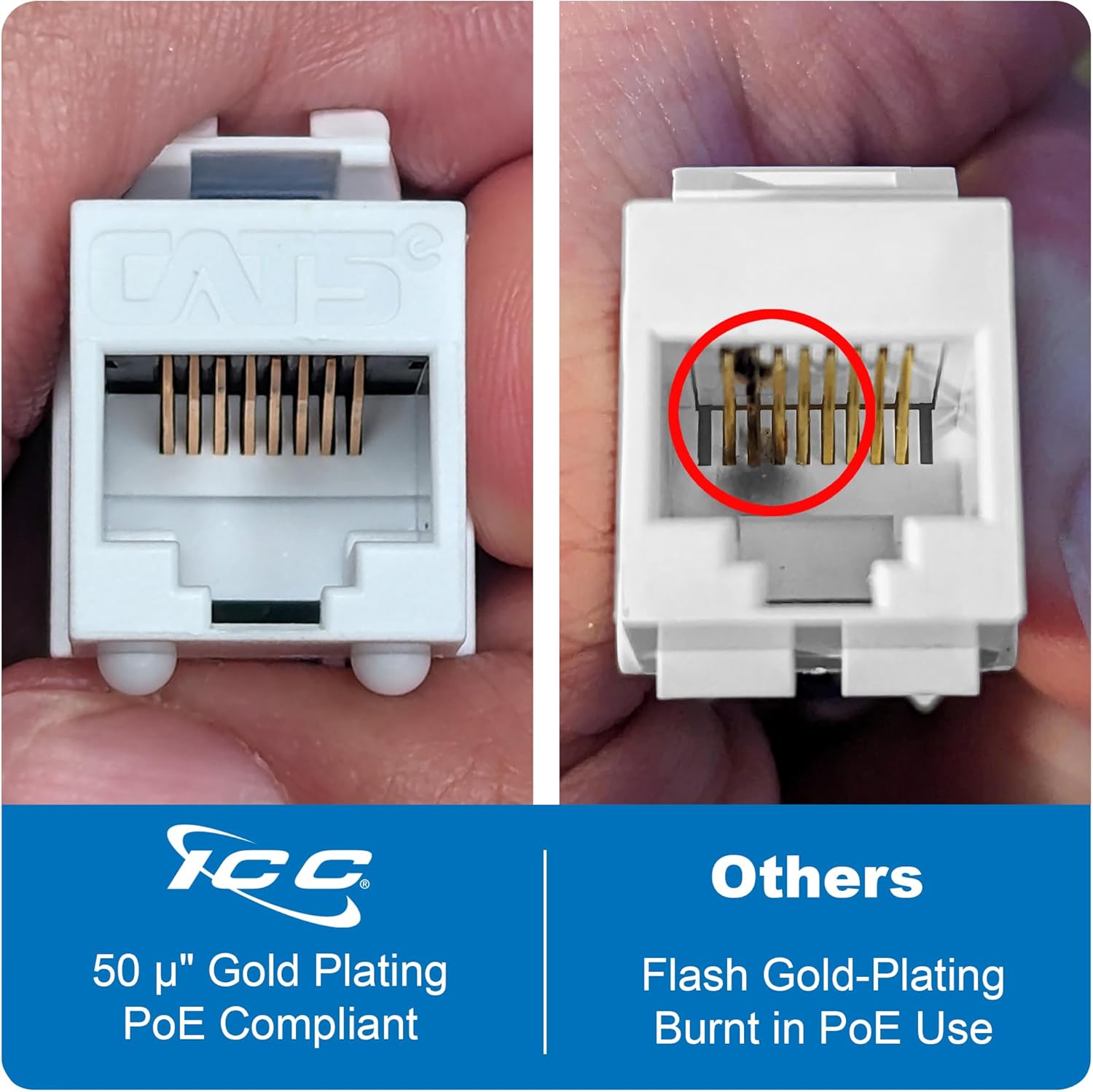 ICC CAT5e Keystone Jack with Slim Profile 180 Degree Punch Down, RJ45 UL Listed PoE++ TAA VoIP Compliant for Wall Plate or Patch Panel, Works with JackEasy Termination Tool, White 25 Pack