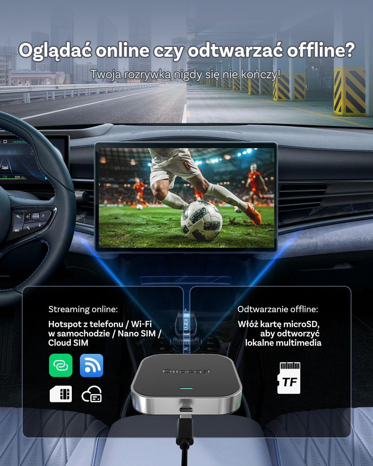 OTTOCAST E2 AI Box, 2026 Ulepszona 3-w-1 Bezprzewodowy Adapter CarPlay i Android Auto, Android 13 Multimedialny Samochodowy z Netflix YouTube, Obsługą WiFi i Karty SIM 4G, 4+64 GB, Aktualizacja OTA