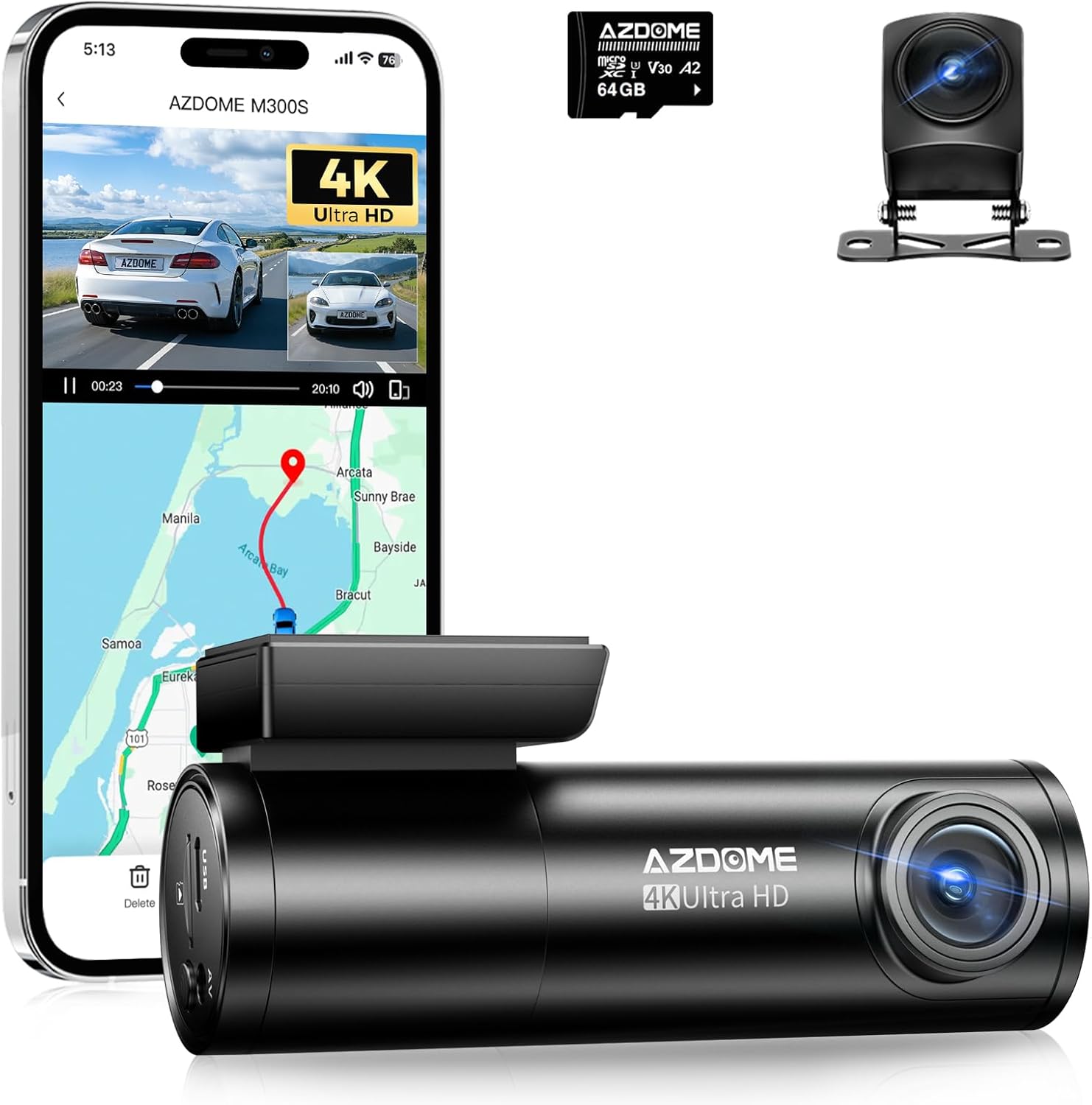 AZDOME M300S Dash Cam Front 4K & Rear 1080P, WiFi 6 GPS Dash Cam for Cars - 4K Camera for Dual-Channel Recording - GPS Tracking - Parking Monitor - Night Vision - Supports Voice Command