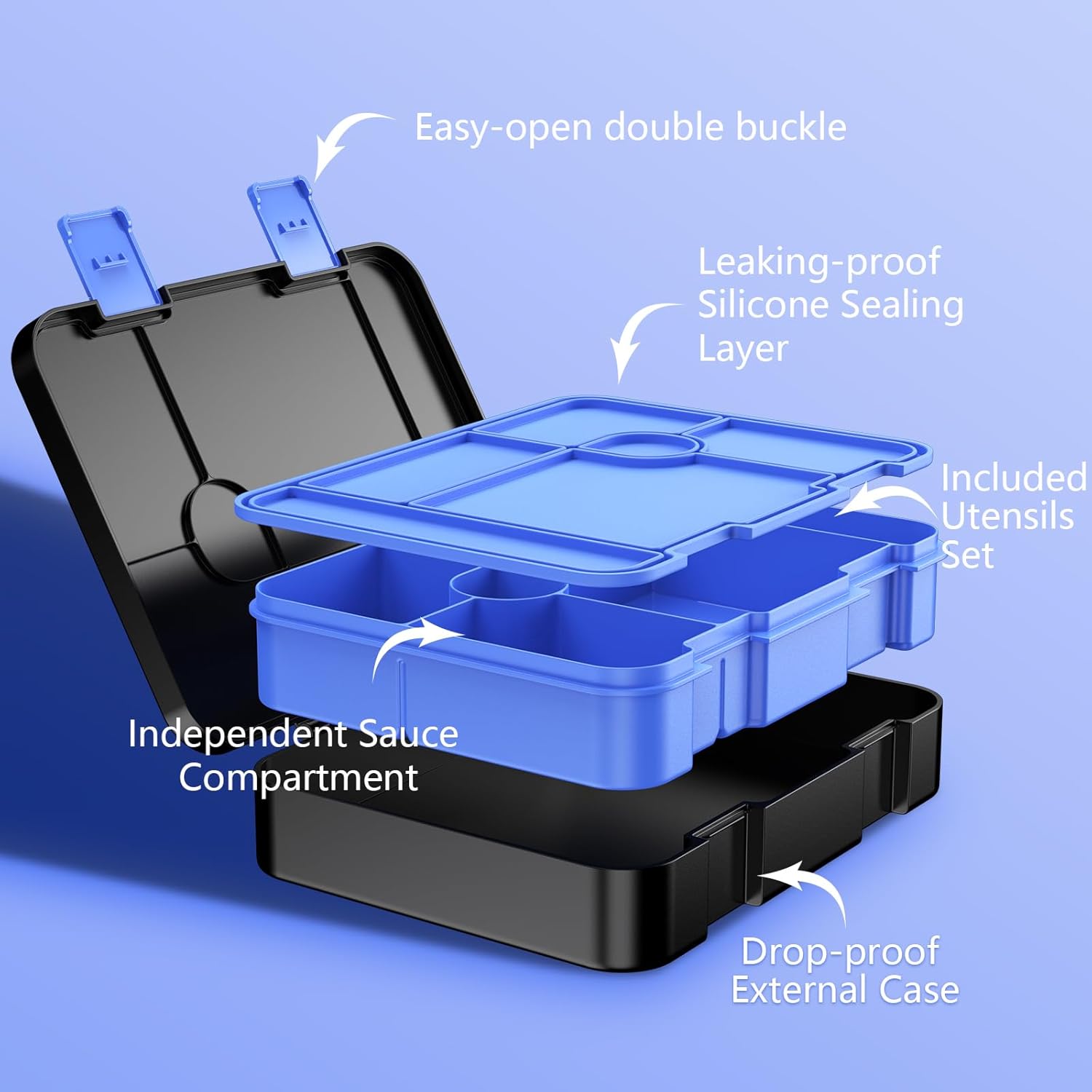 Game luminous Boys Backpack - Bento Box with Insulated Lunch Bag Pencil Case, Utensils Set for Kids, 6 Leakproof Compartments Removable Tray Lunches or Snack Container (Blue)