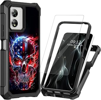 for Celero 5G SC Phone Case,for Boost Celero5G SC 2024 Phone Case with Screen Protector Dual Layer Hard PC Soft TPU Bumper Shockproof Heavy Duty Case for Celero 5G SC,Blue Red Fire Skull