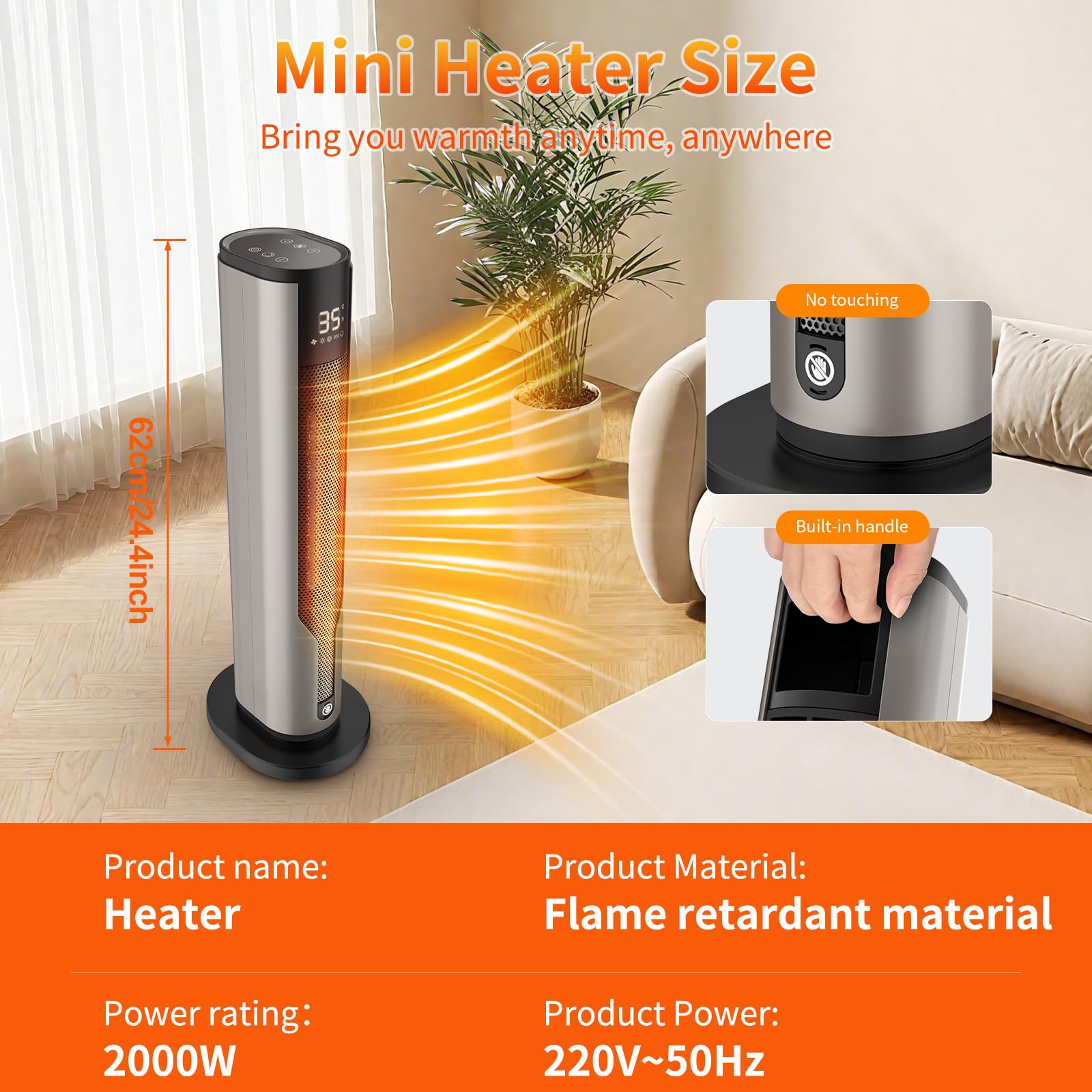 Calefactor Baño,Calefactor Bajo Consumo 2000W,Calentador Cerámico Silencioso de 60cm,Protección Contra Sobrecalentamiento y Vuelco,Oscilación de 70°,3 Modos,Temporizador de 12 h