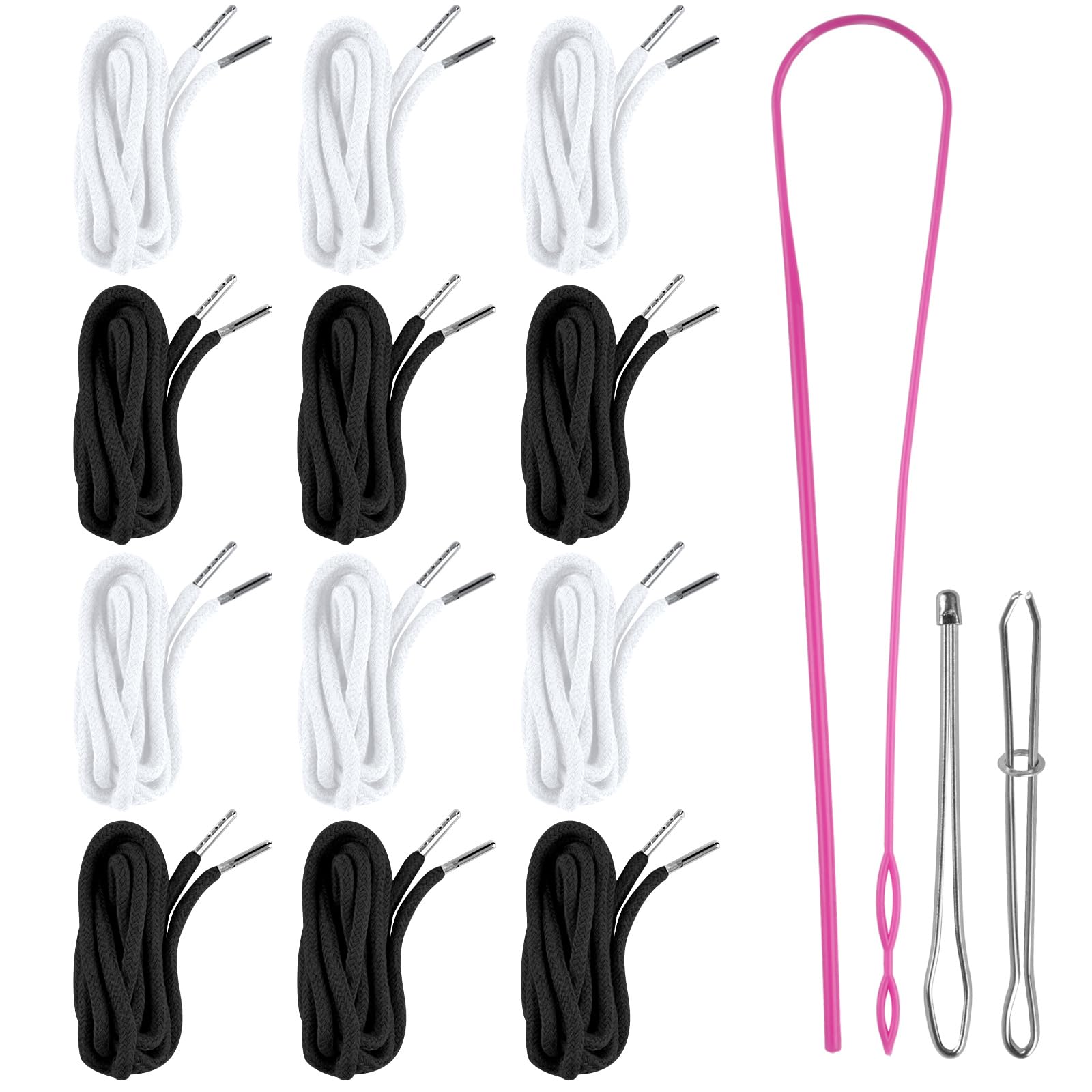 BEVTEE 12 Pcs Drawstring Cord, 60 Inch Hoodie String Replacement, Draw String with Threader Tool for Sweatpants Pants (Black/White)