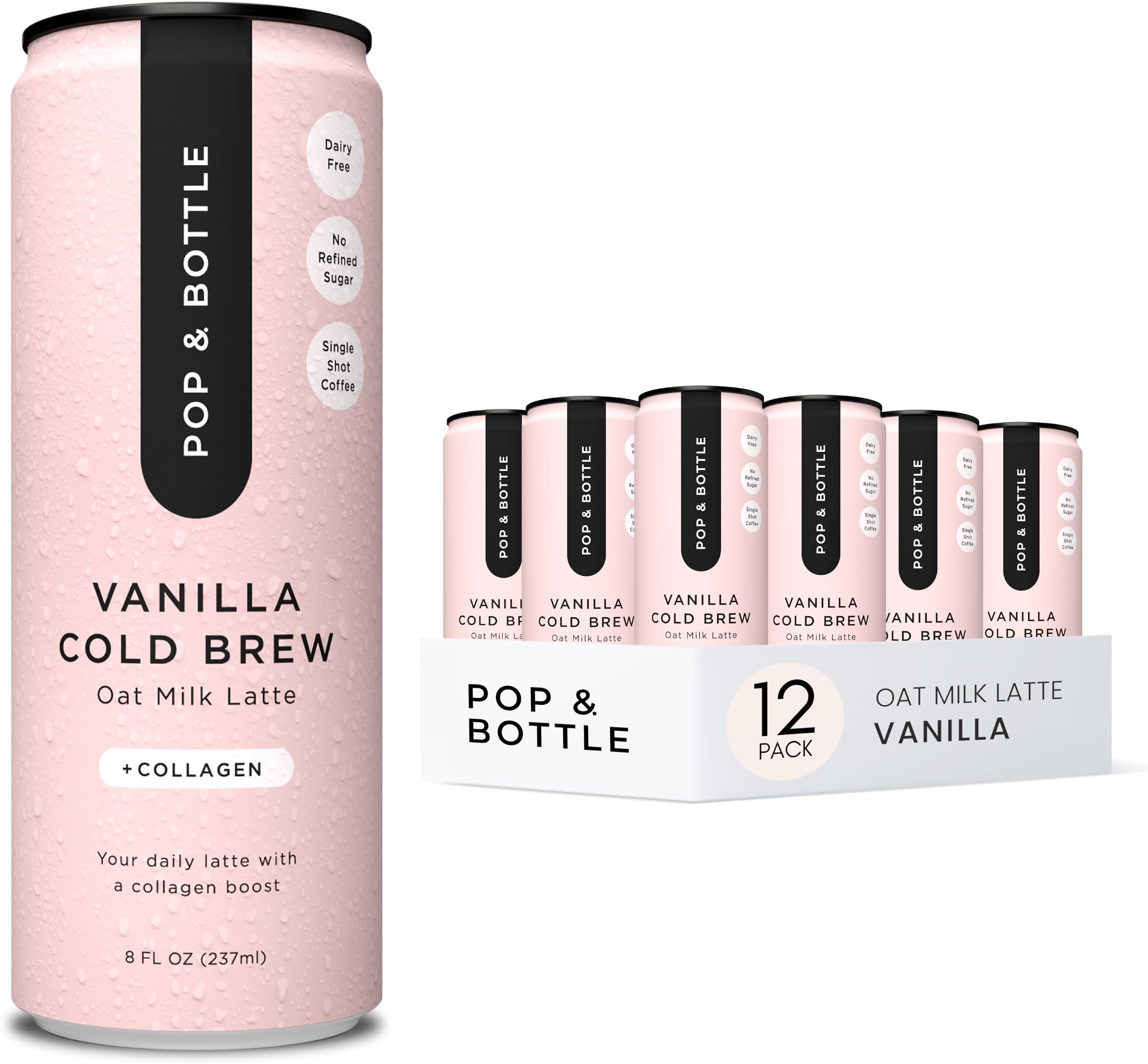 Pop & Bottle, Oat Milk Lattes - Cold Brew With Sustainably Sourced Marine Collagen, Mct Oil, Oat Milk, Organic, Dairy Free, Gluten Free, Great As Iced Coffee, Lightly Sweetened With Dates - Vanilla, 8