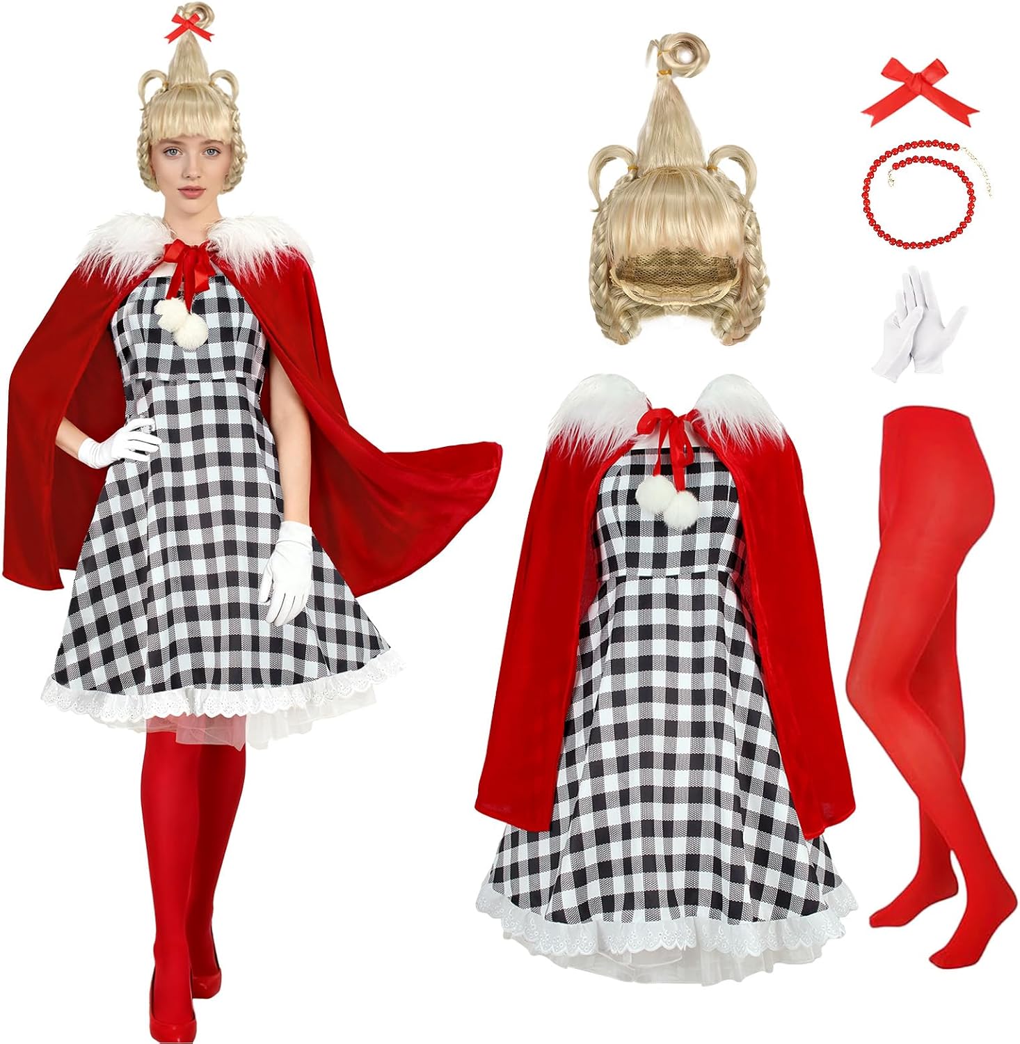 Elf Costume Adult Christmas Outfits for Women Halloween with Wig Cape Plaid Dress Gloves - Image 2