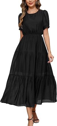 Kormei Womens Summer Casual Short Sleeve Round Neck Eastic Waist Tiered Boho Plain Beach Flowy Maxi Dress