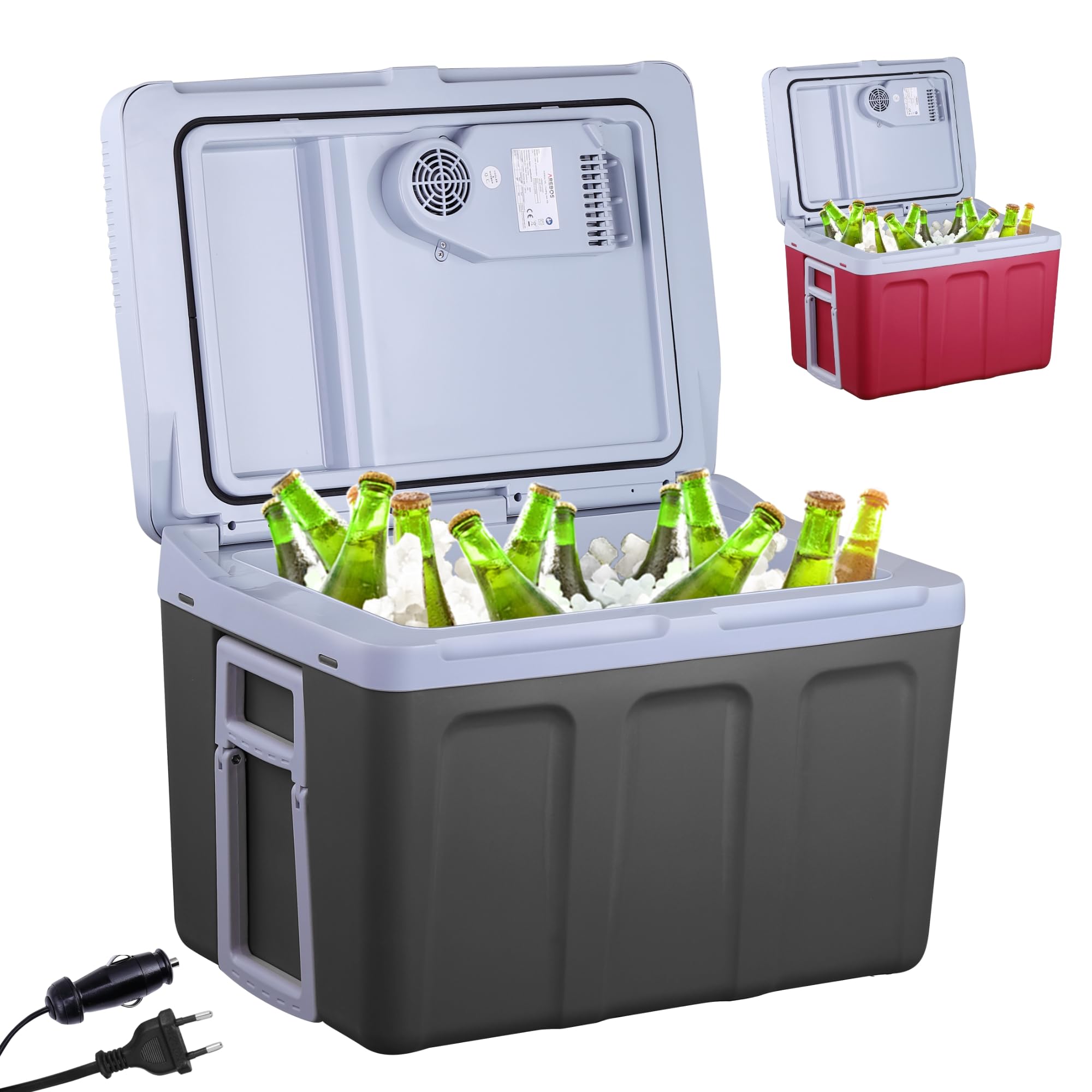 Nevera de 40 litros Arebos | para enfriar y mantener caliente | mini nevera | nevera móvil con modo ECO | 12/230 V para coche y enchufe | nevera eléctrica | bolsa de frío | bolsa aislante | antracita