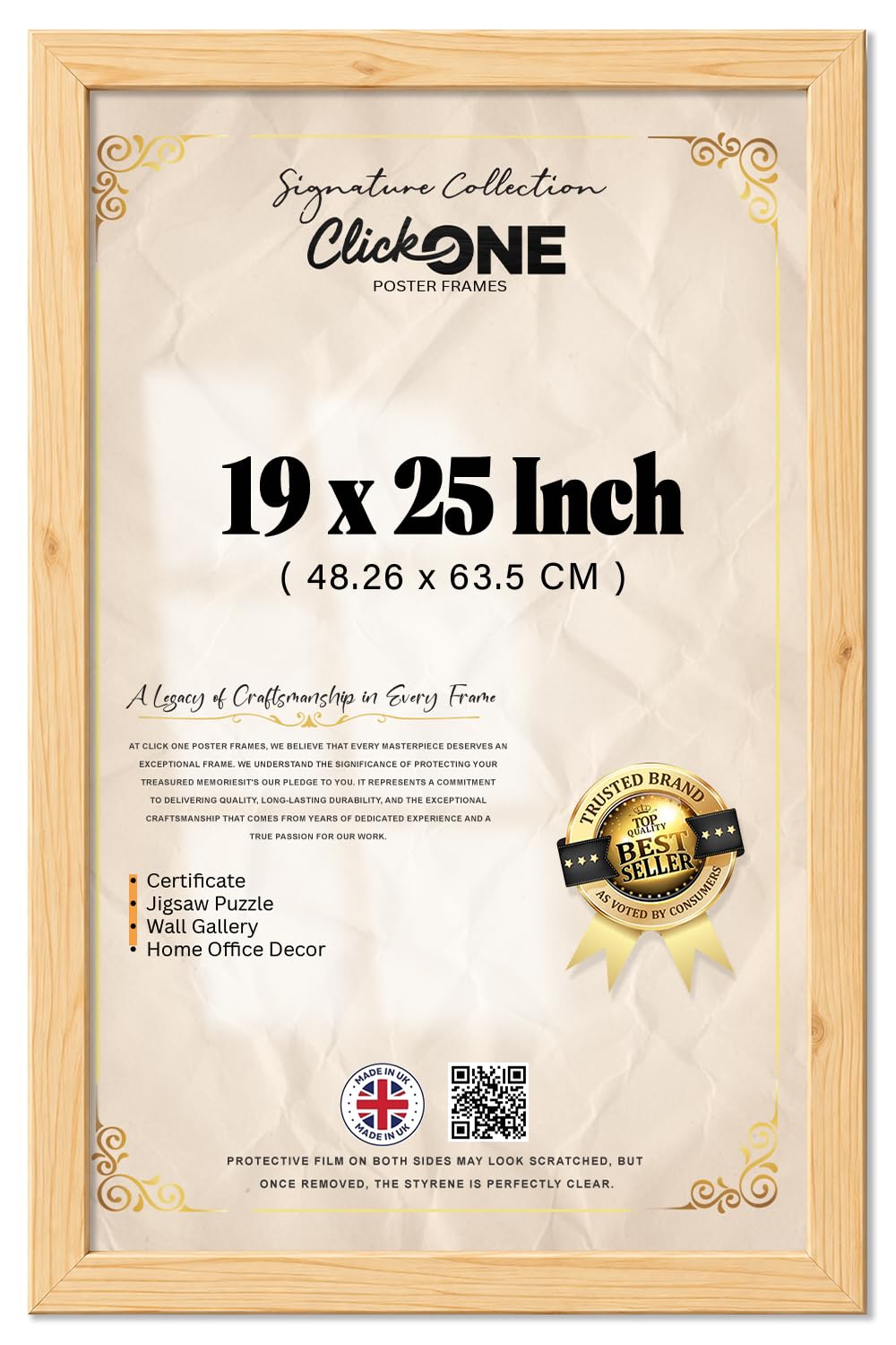 Click One Pine Flat Style Engineered Wood Frame 48.26 x 63.5 cm (19 x 25 inch)|Sleek Gallery Profile for Posters, Photos andCcertificates, Ready to Hang and Display