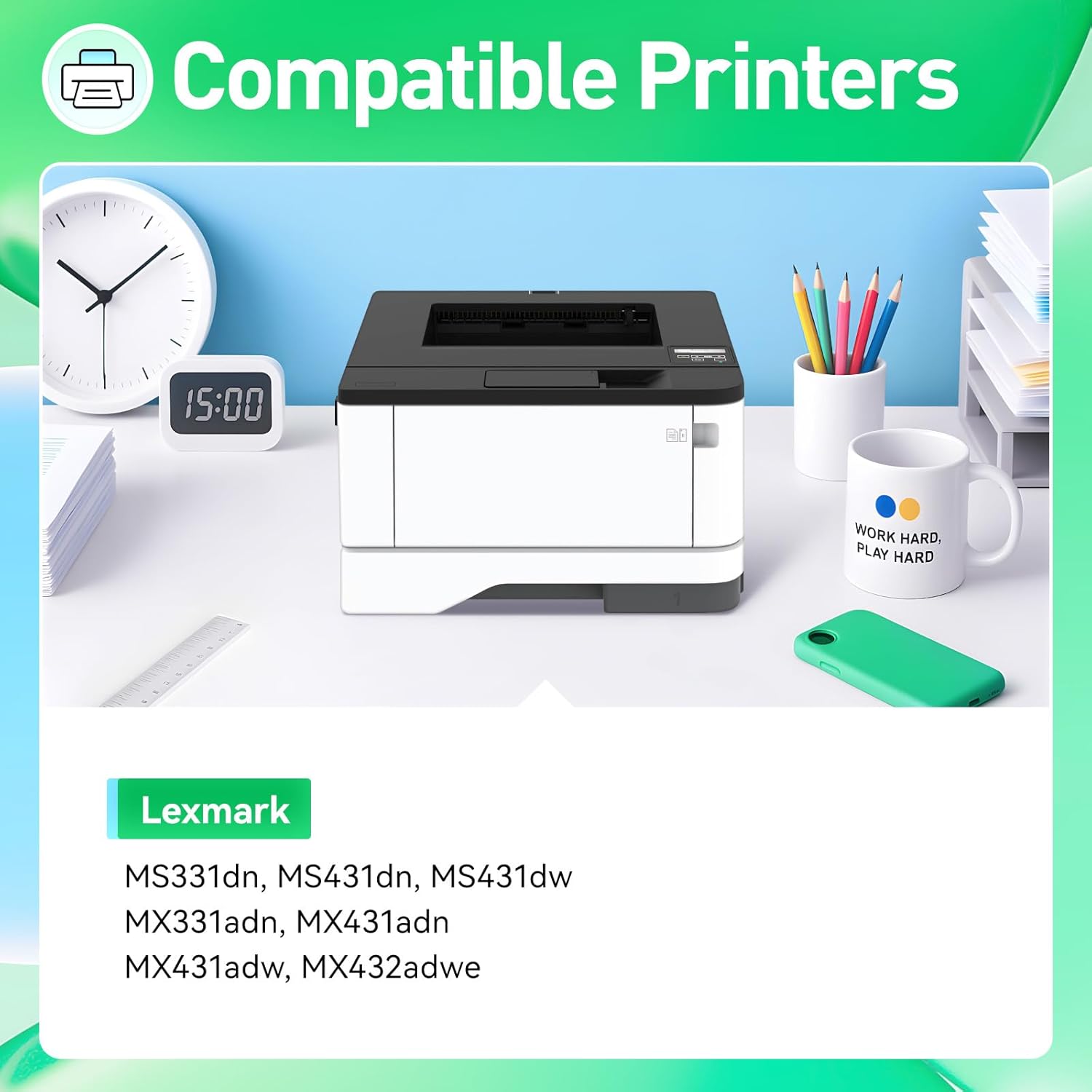 55B1H00 Toner Cartridge Black High Yield with Chip 15,000 Page-Yield Replacement for Lexmark MS331dn MS431dn MS431dw MX331adn MX431adw MX431adn MX432adwe MS331 MS431 MX331 MX431 Laser Printer 55b1000