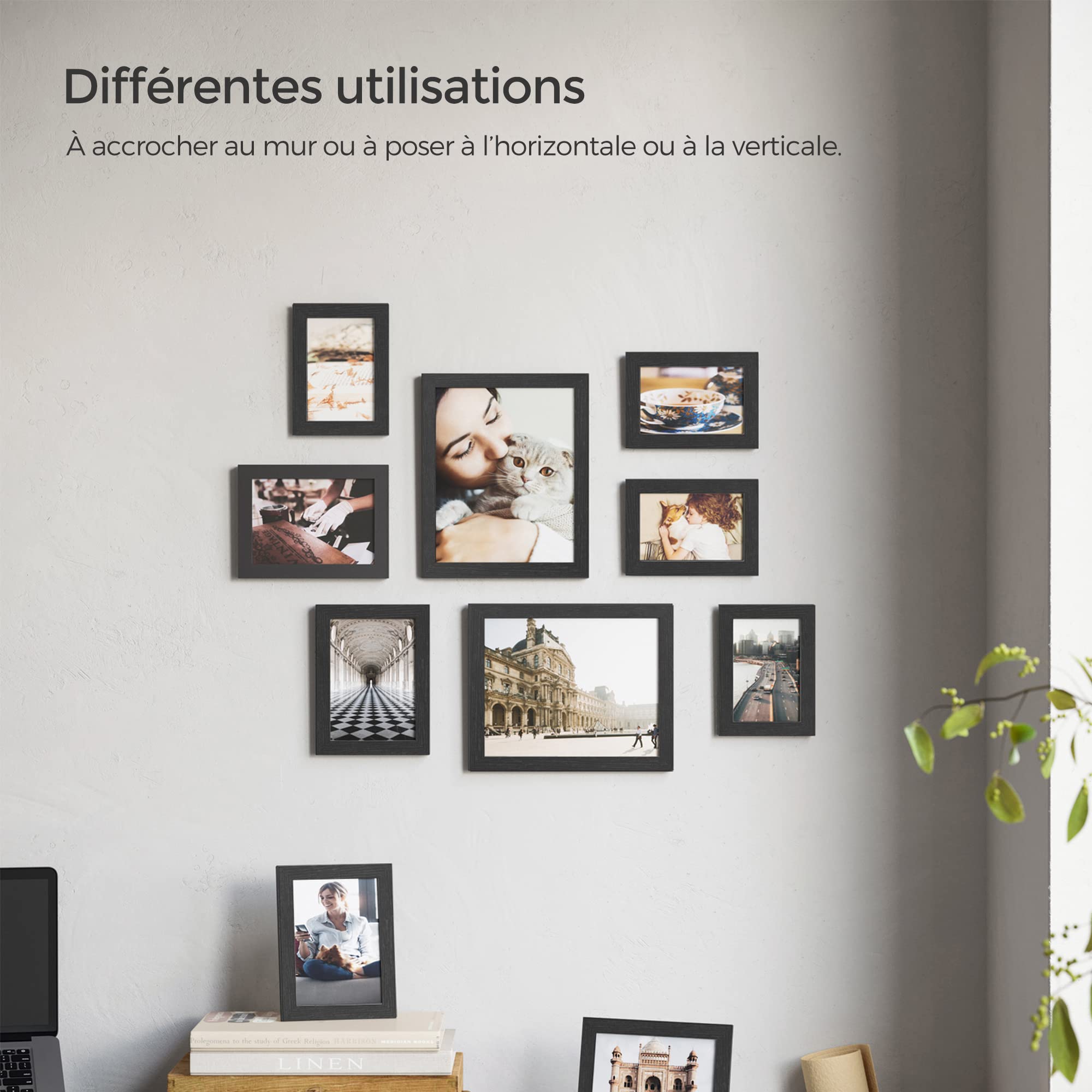 SONGMICS Cadres Photo, Lot de 10, Deux 20 x 25 cm, Quatre 13 x 18 cm, Quatre 10 x 15 cm, MDF, Protection en Plastique, MDF, Noir d'Encre RPF310H