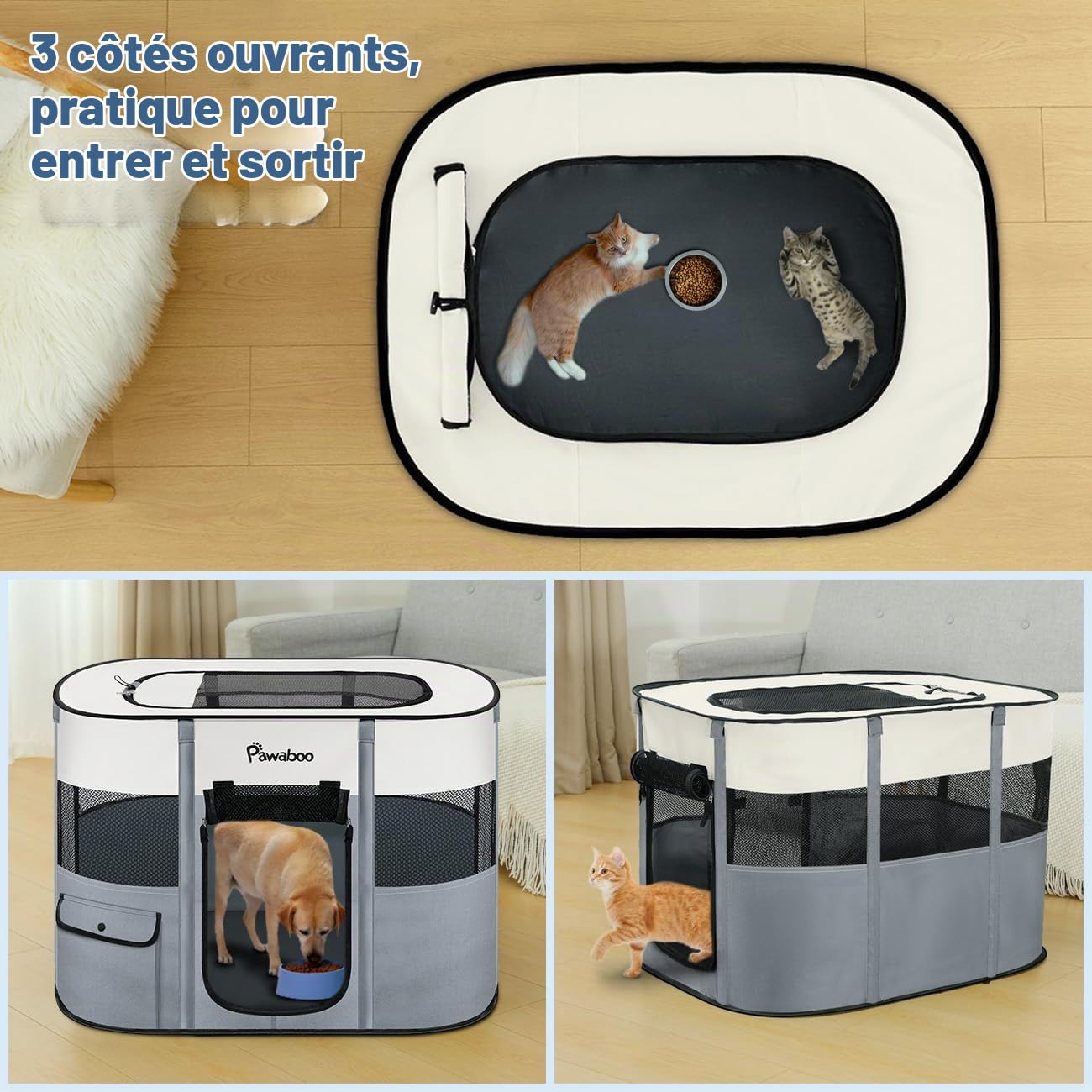 Pawaboo Parc Portable pour Chien en Tissu Oxford 600D, Gris | Parc pliable avec fenêtres en maille, portes enroulables, sac de transport et gamelle pliable, 89 × 71 × 61 cm(L)