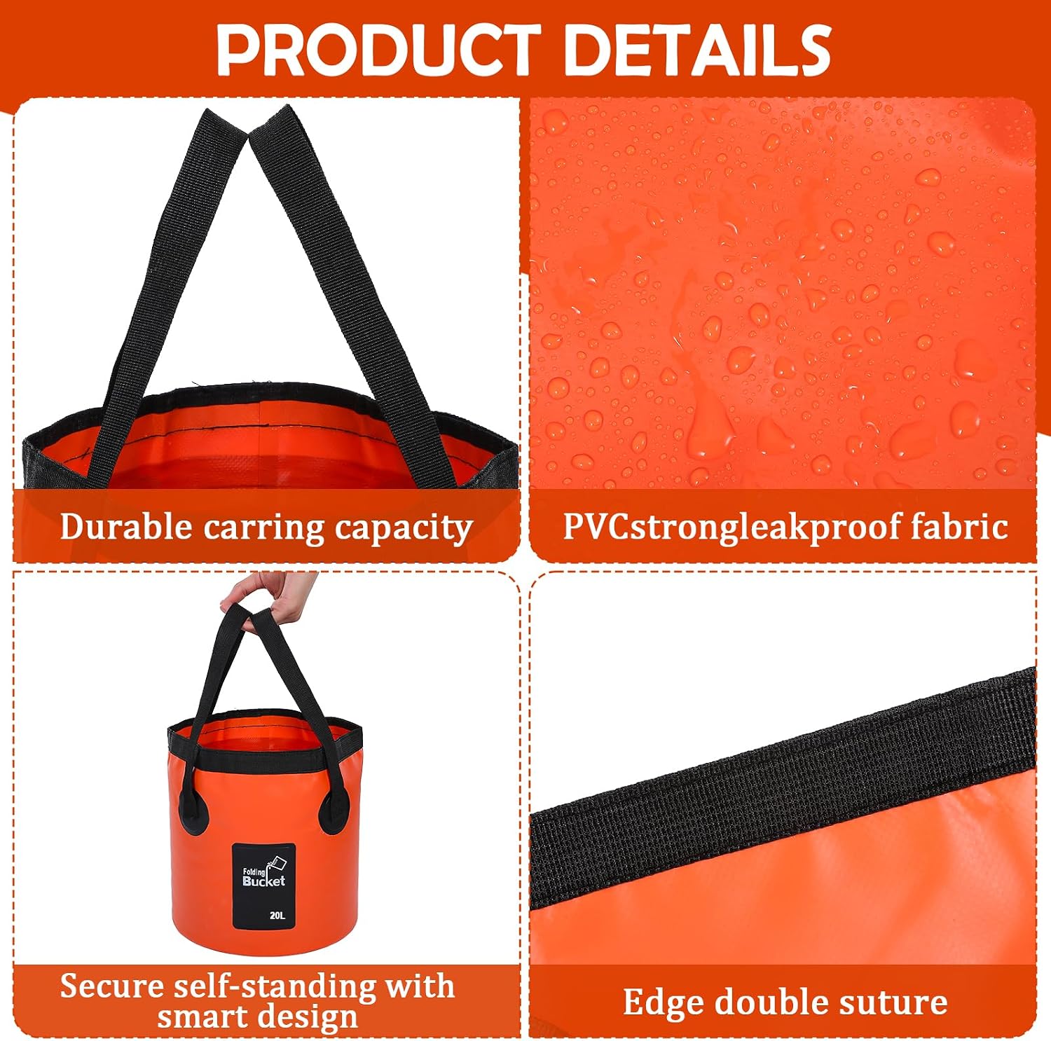 3 Pcs 20L (5-Gallon) Collapsible Bucket Set – Portable Foldable Water Container with Handle for Camping, Hiking, Fishing, Car Washing (Black, Orange, Blue) image 3