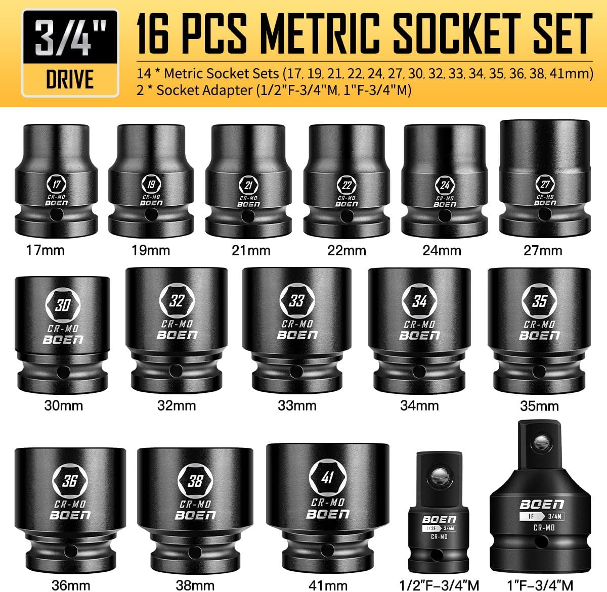 boen 3/4" Drive Metric Socket Set, 17mm - 41mm Large Impact Sockets, 6-Point CR-MO Steel, Rugged Construction,16PCS with a Storage Case, for Large Vehicle and Machinery Maintenance