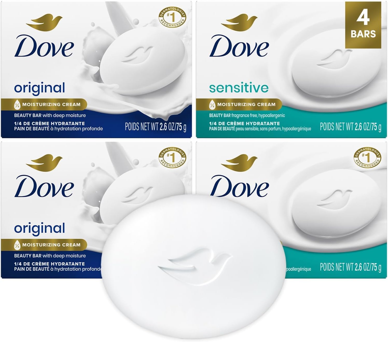 Dove Beauty Bar Soap Variety 4-Pack (Original + Sensitive Skin), 2.6 Oz Ea