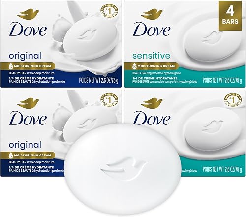Dove Beauty Bar Soap Variety 4-Pack (Original + Sensitive Skin), 2.6 Oz Ea