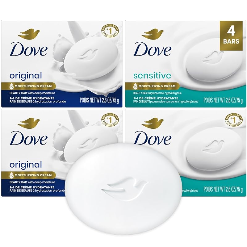 Sabonete em Barra Dove Beauty Bar Variedades, Original e Sensitive Skin, Pacote com 4