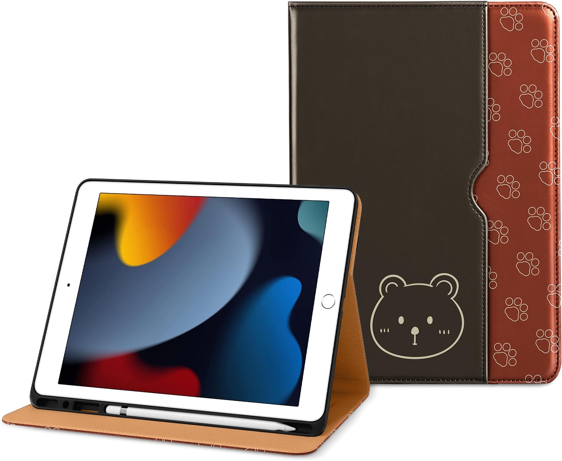 DTTO iPad 第9世代/第8世代/第7世代 10.2インチケース 2021/2020/2019用 プレミアムレザービジネスフォリオスタンドカバー Apple Pencilホルダー付き - 自動ウェイク/スリープ 複数の視野角 クマ