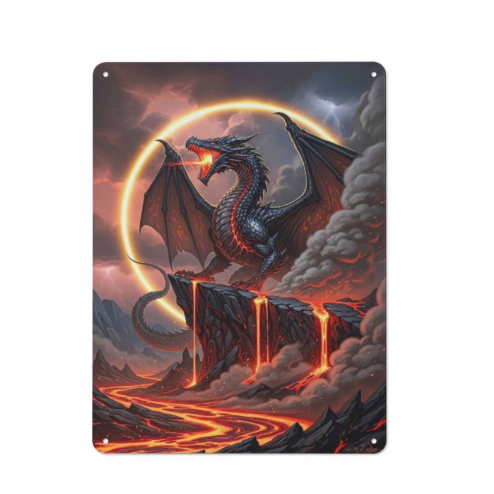 Black Dragon with Lava Landscape Metal Tin Sign for Pet Owners, Birthday, Christmas Or Housewarming Gift, 40x30cm