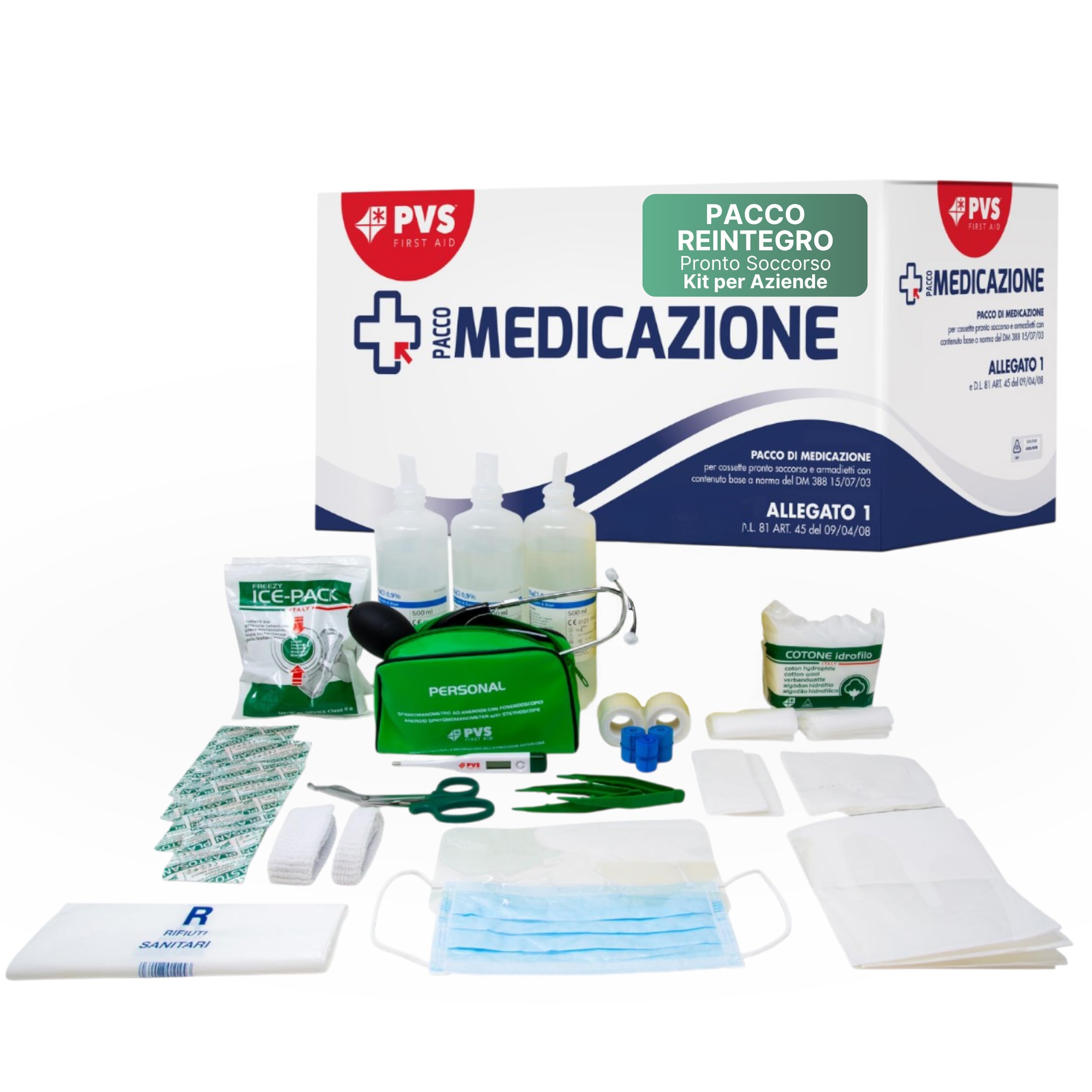 Pacco Reintegro Cassetta Pronto Soccorso Allegato 1 DM 388/03 - Kit Primo Soccorso Completo per Armadietto Aziendale CE senza Sfigmomanometro