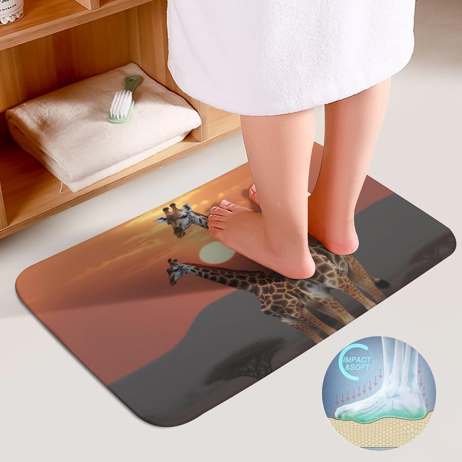 Anti-Skid Floor Mats 3 Piece Set,Giraffe at Sunset Printed Coral Fleece Bathroom Mats U-Shaped Contour Mat Toilet Seat Cover for Bathroom, Tub, Shower, Kitchen 19.7"x31.5"