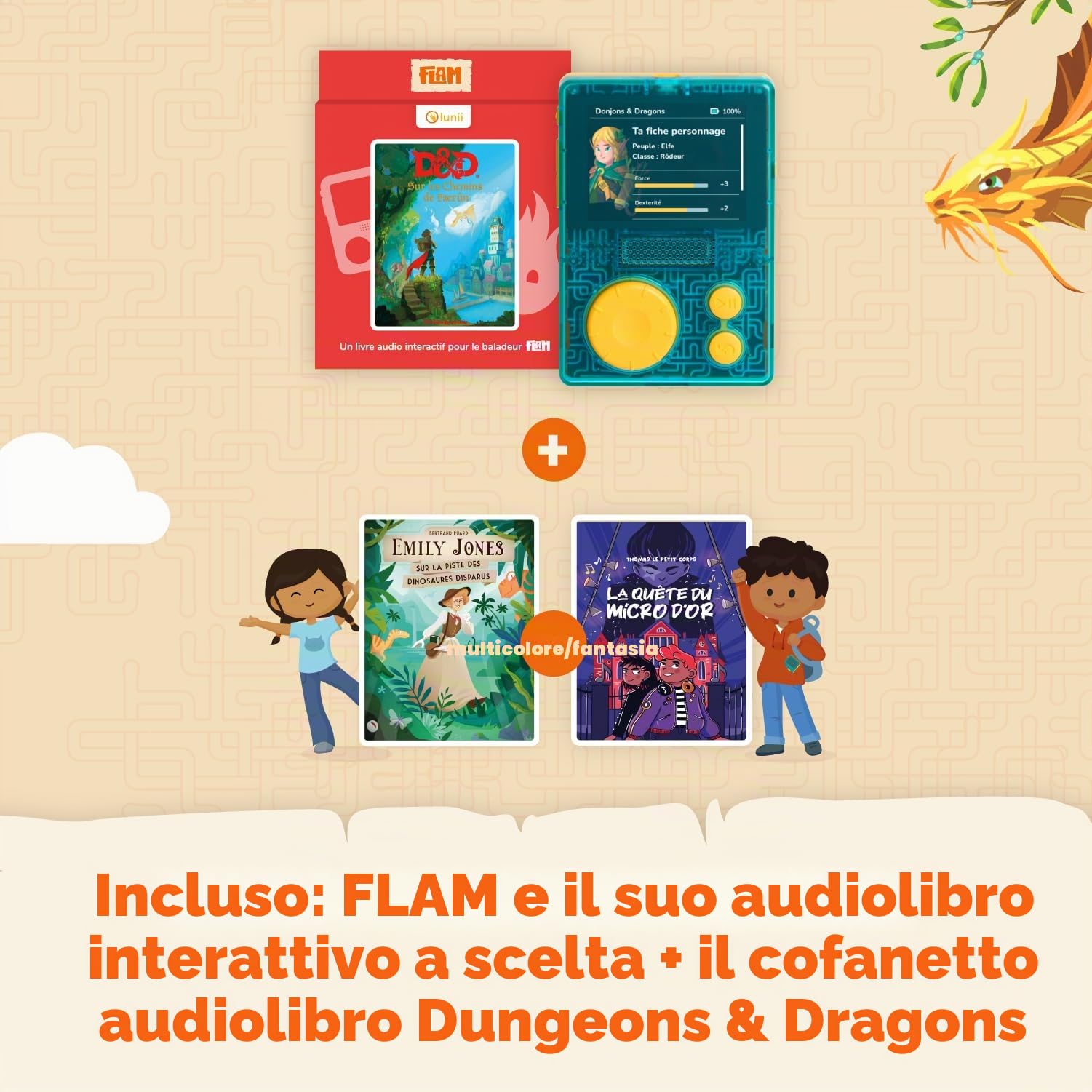 Lunii - Cofanetto Lettore FLAM Gioca D&D (Dungeons And Dragons-Hasbro) -per Bambini dai 7 agli 11 Anni-2 Libri Audio interattivi Inclusi-Scatola di Storie Made in Francia, 3760361141886