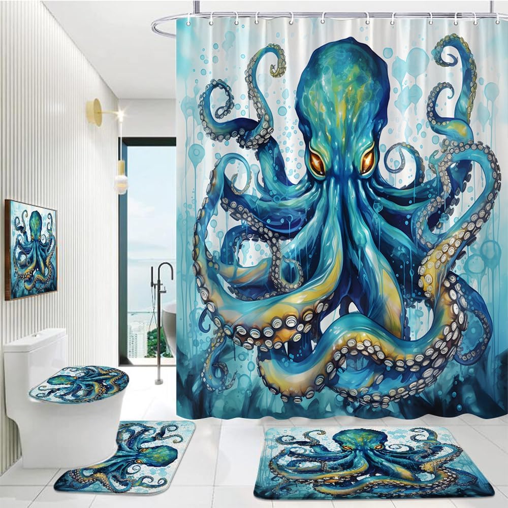 4Pcs Octopus Shower Curtain Set Octopus Tentacles Ocean Animal Vintage Sea Wildlife Kraken Coastal Nautical Cool Colorful Fashion Bathroom Toilet Lid Cover Non-Slip Rugs 12 Hooks
