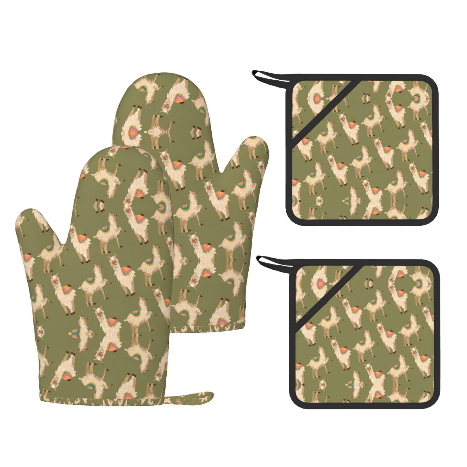 alpaca. Printed Pot Holders and Oven Mitts 4-Piece, Non-Slip Kitchen Gloves with Utensil Pocket for BBQ
