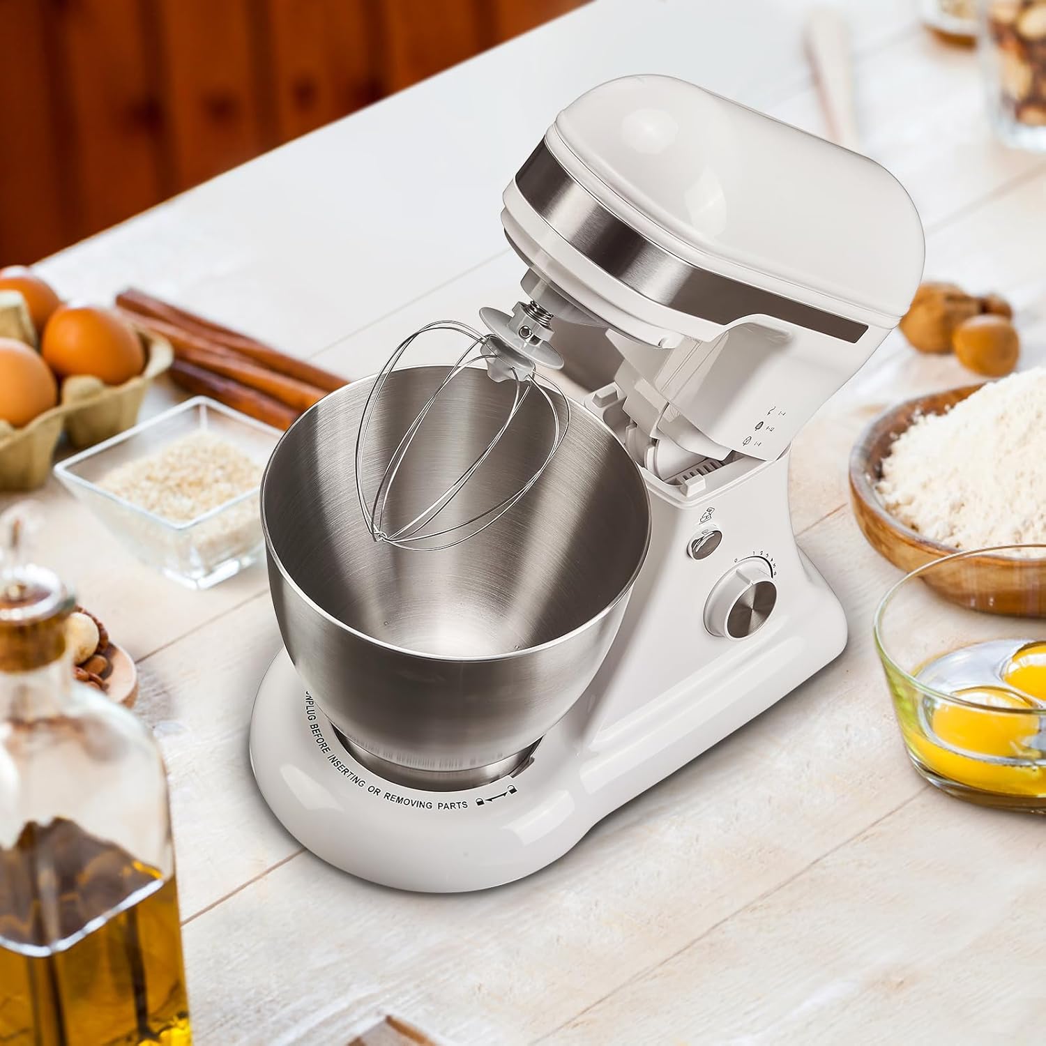 5QT Stand Electric Mixer, 12-Speed Kitchen Mixer with Tilt-Head, Stainless Steel Bowl Dough Mixer, Egg Whisk, Dough Hook & Beater Included, Idea for 3-5 Family,White