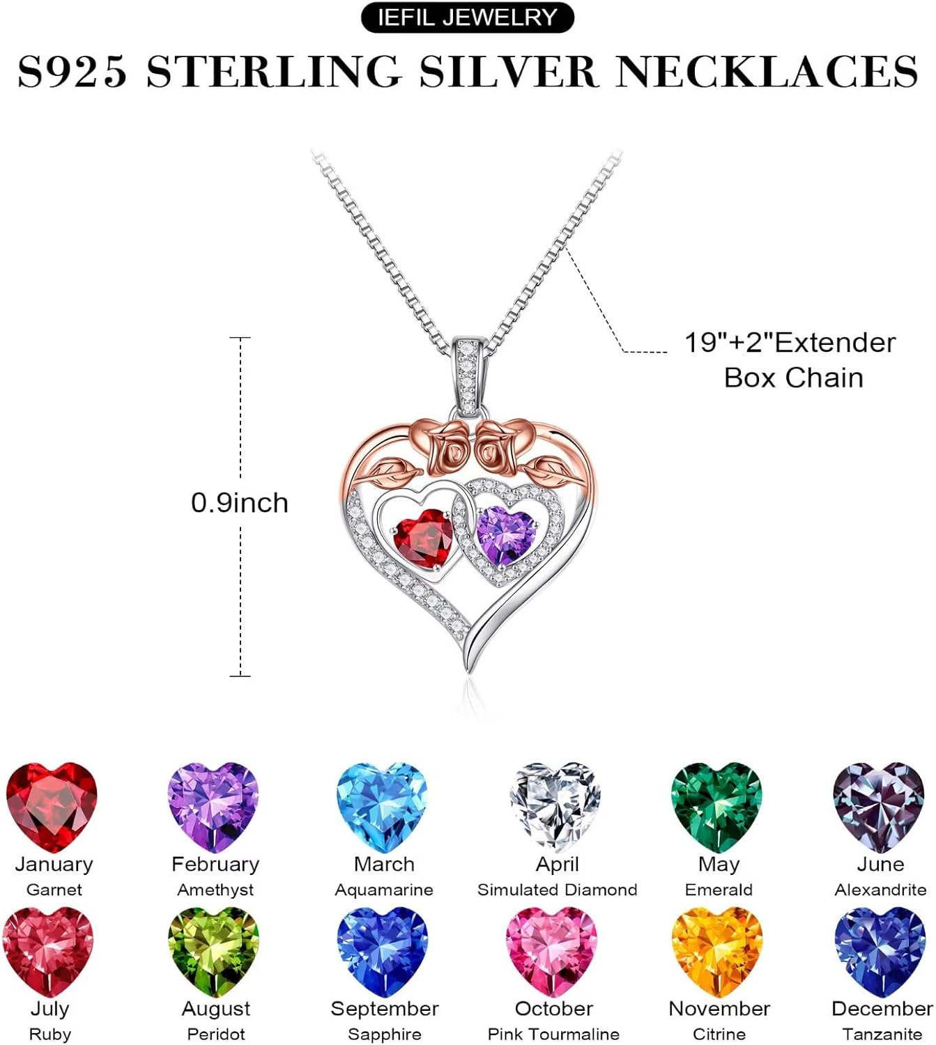 Iefil Mothers Day Gifts for Wife Mom - 925 Sterling Silver Rose Heart Birthstone Necklaces for Women, Birthday Mothers Day Gifts for Mom Daughter Grandma