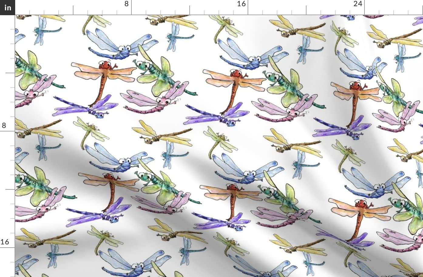 Spoonflower Fabric - Happy Dragonflies Dragonfly Cartoon Whimsical Funny Nursery Watercolor Printed on Organic Cotton Sateen Fabric by The Yard - Sewing Quilting Apparel Home Decor