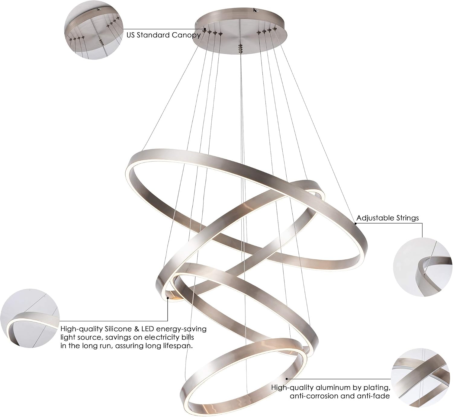 Exclusive Discount 80% Offer MADEM LED Modern Chandelier 4-Ring Circular Dimmable Pendant Light Flush Mount Pendant Lighting for Living Room Dining Room, Bedroom,3000K Warm White,Brush Nickel