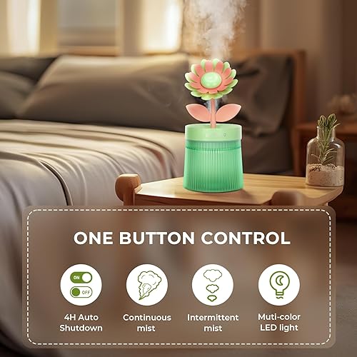 Miniatura 6 de Mini humidificador de flores bonitas, humidificadores de escritorio de girasol de 8.8 fl oz para dormitorio, humidificación portátil de niebla fría