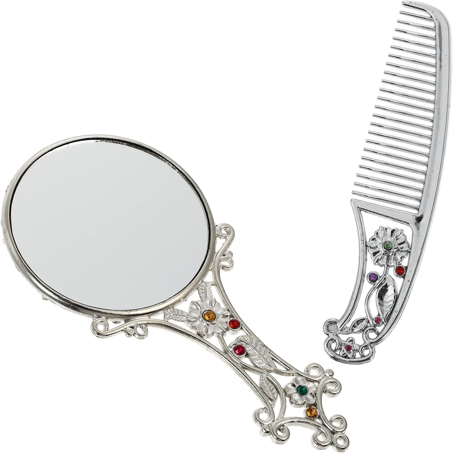 TIDTALEO Vintage Mini Cosmetic Mirror and Handheld Comb Set, Alloy Retro Portable Vanity Mirror with Hollow Handle, Silver Pattern for Travel and Makeup Touch-up Assorted Style