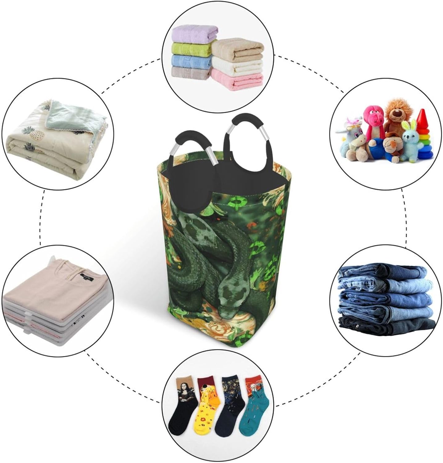 Green Serpent Wealth Foldable Dirty Laundry Bag, Waterproof Oxford Fabric With Pe Board Base, 50l Capacity For Home & Travel