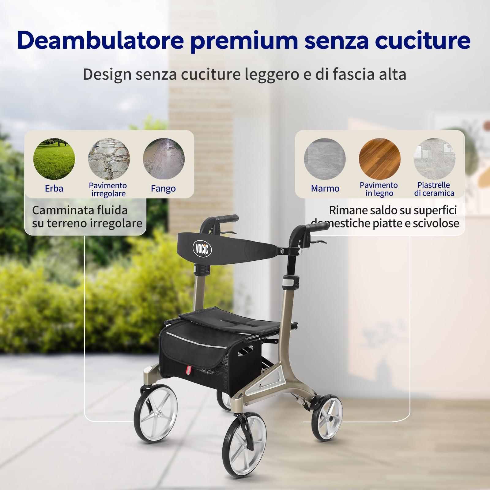 VOCIC Z71 deambulatore pieghevole per anziani, Alluminio & impermeabile | Deambulatore peso leggero con sedile, ruote PU tuttoterreno antiforatura, schienale e altezza regolabili, verde grigio