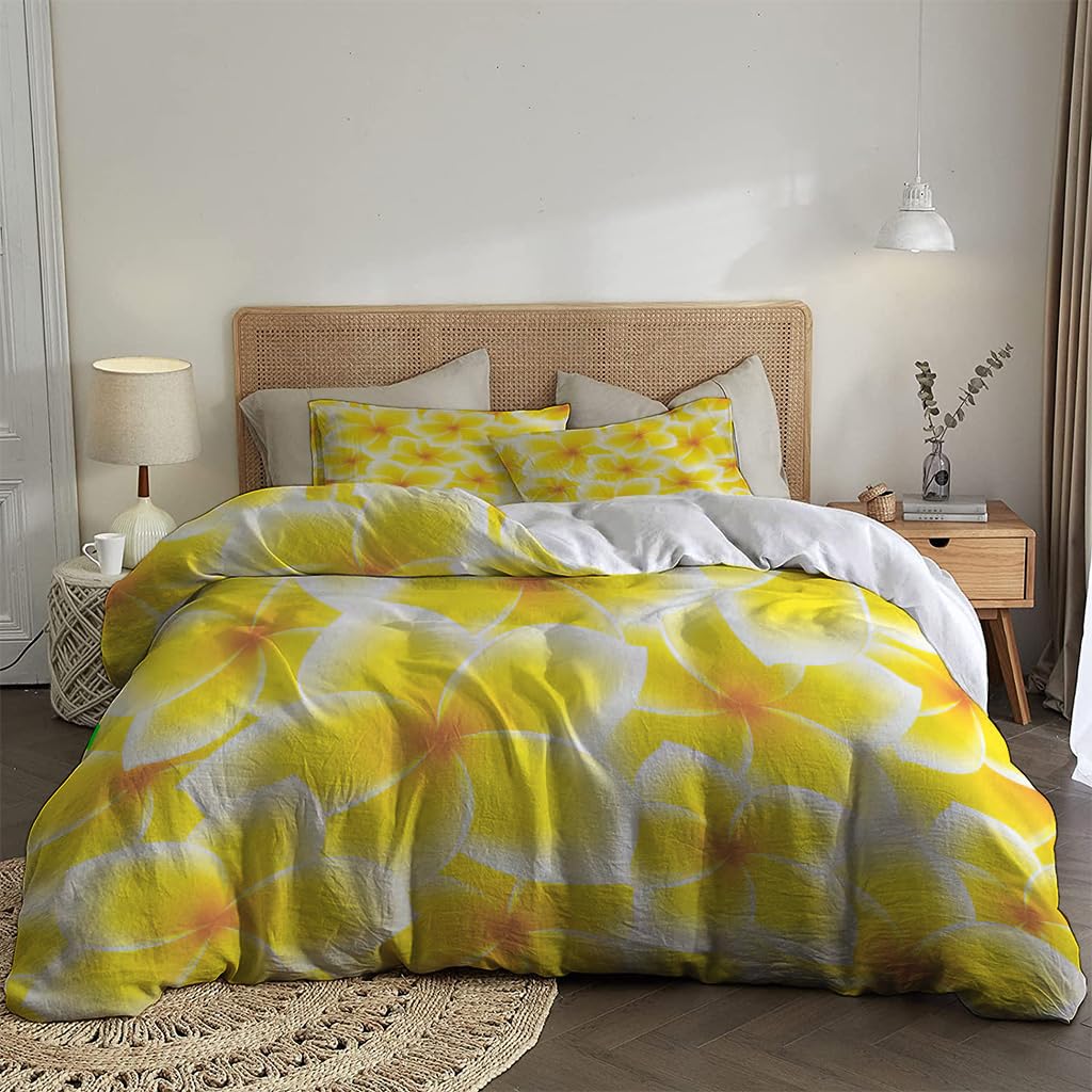 NIBAINLO 布団カバープルメリア?フランジパニ?黄色?白の花 肌に優しい ピーチスキン加工 掛け布団カバー 和式 洋式 あったか 布団カバーセット リバーシブル ホームステイ ホテル 家庭兼用