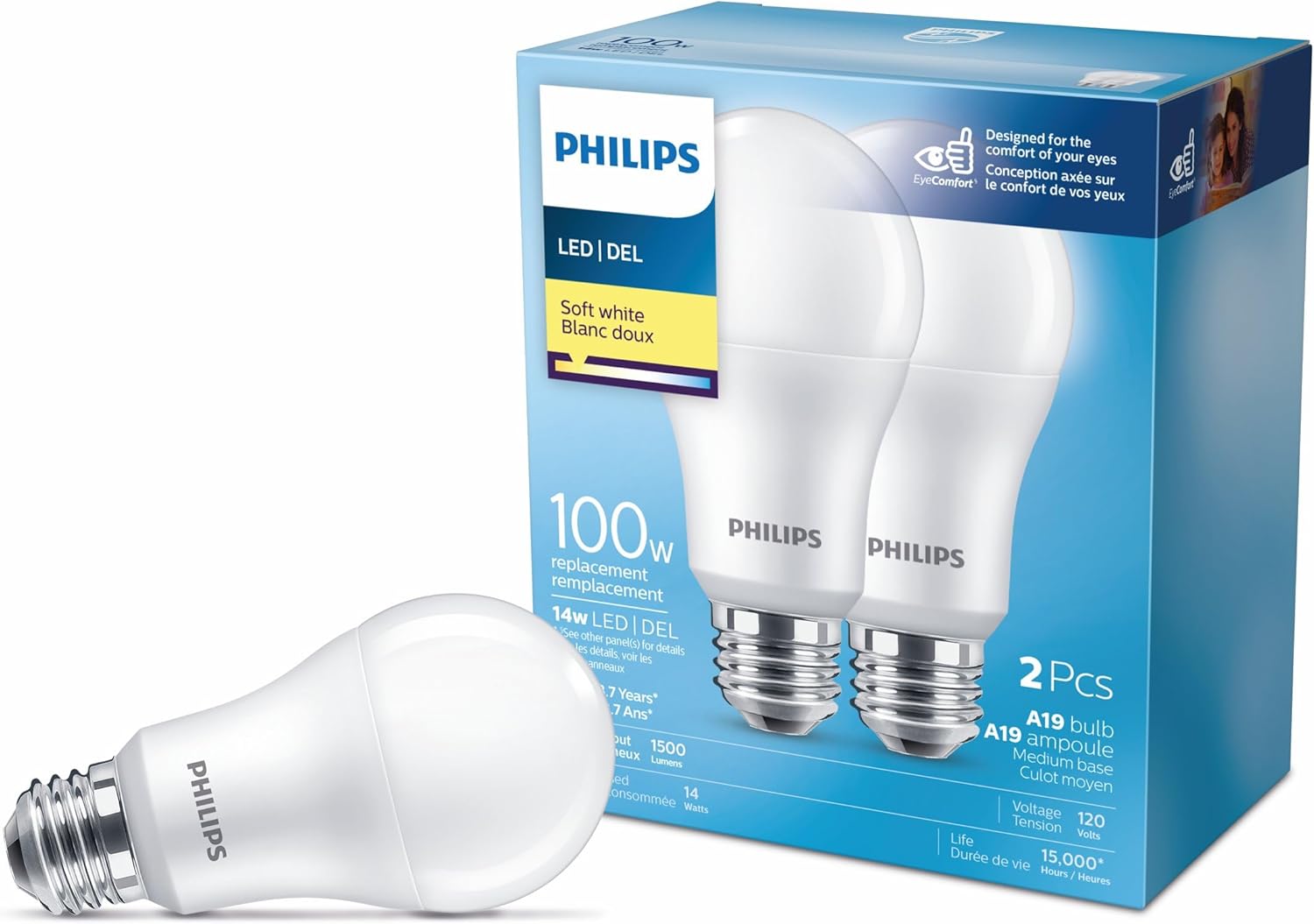 Philips 461979 LED 100-Watt A19 Soft White Non-Dimmable Bulb, 2 Count (Pack of 1)