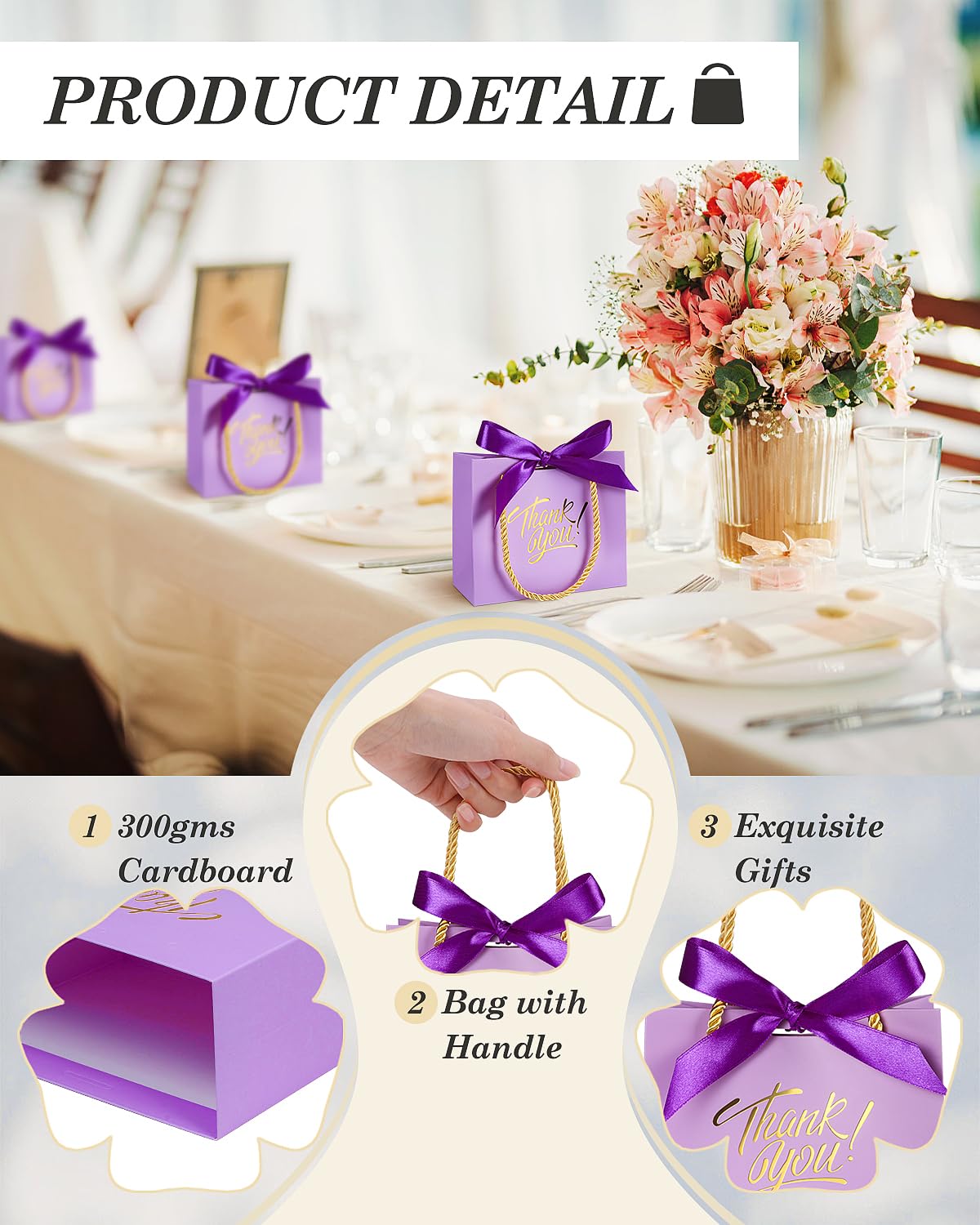 EQOREIIN 60 sztuk małych torebek na prezenty z podziękowaniami, z uchwytami, 14 x 6 x 11 cm, torby na prezenty z kokardką, papierowe torby na prezenty luzem, na baby shower, ślub, upominek na imprezę