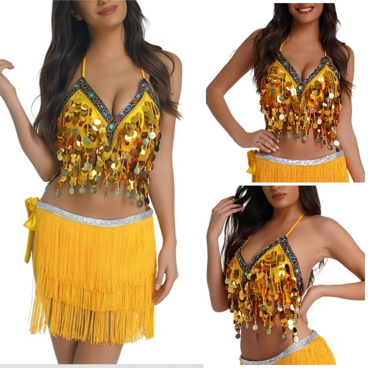 Sujetador con lentejuelas para danza del vientre, top corto brillante cuello halter flecos